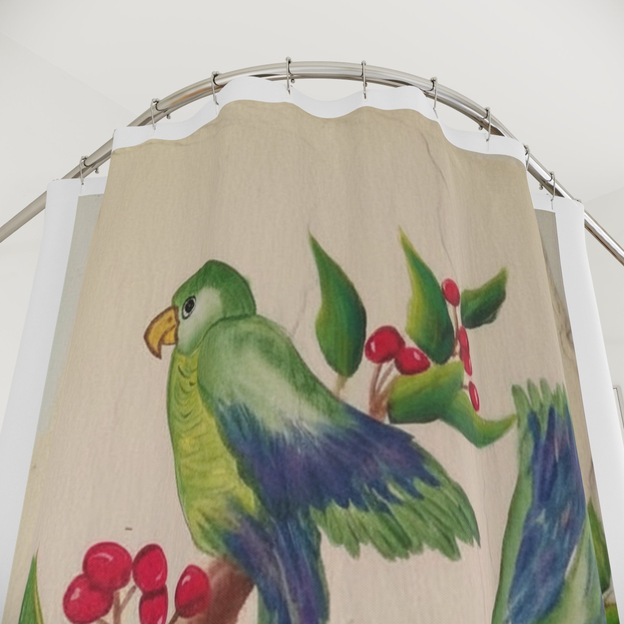 Tropical Parakeet Shower Curtain – Green Birds on Berry Branch Bathroom Decor