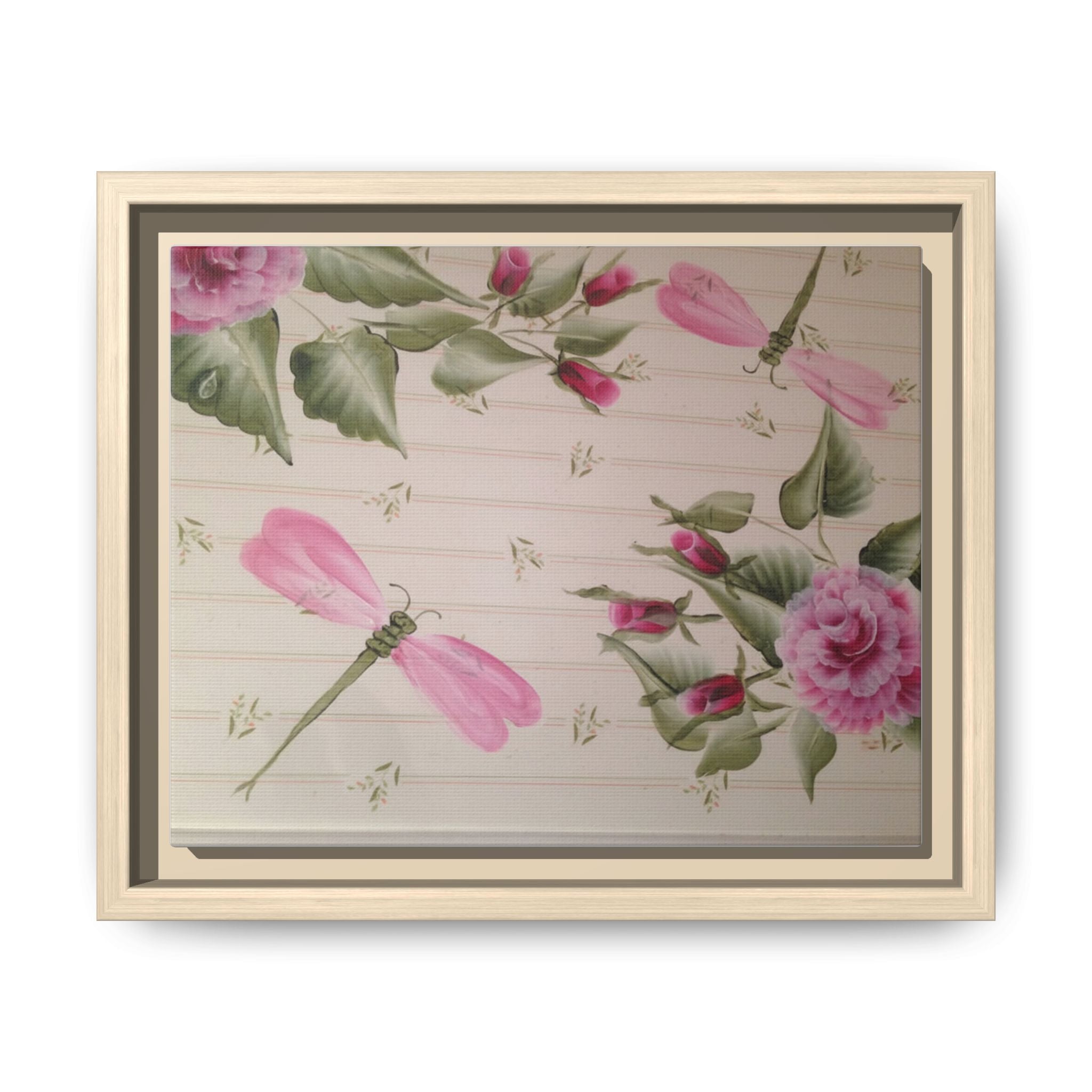 Pink Dragonfly Floral Framed Canvas Print