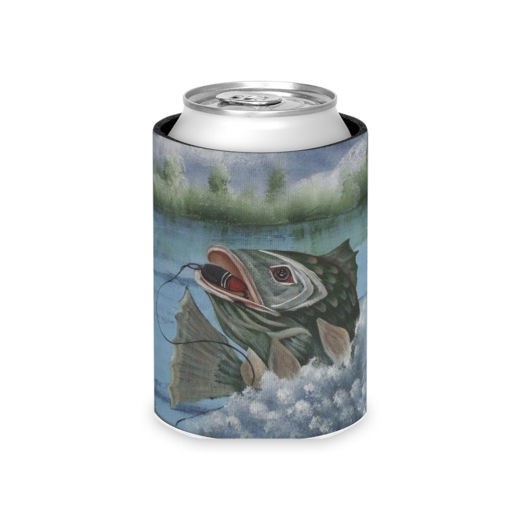 Fishing Largemouth Bass Can Cooler - Insulated Beer Koozie with Angler Art