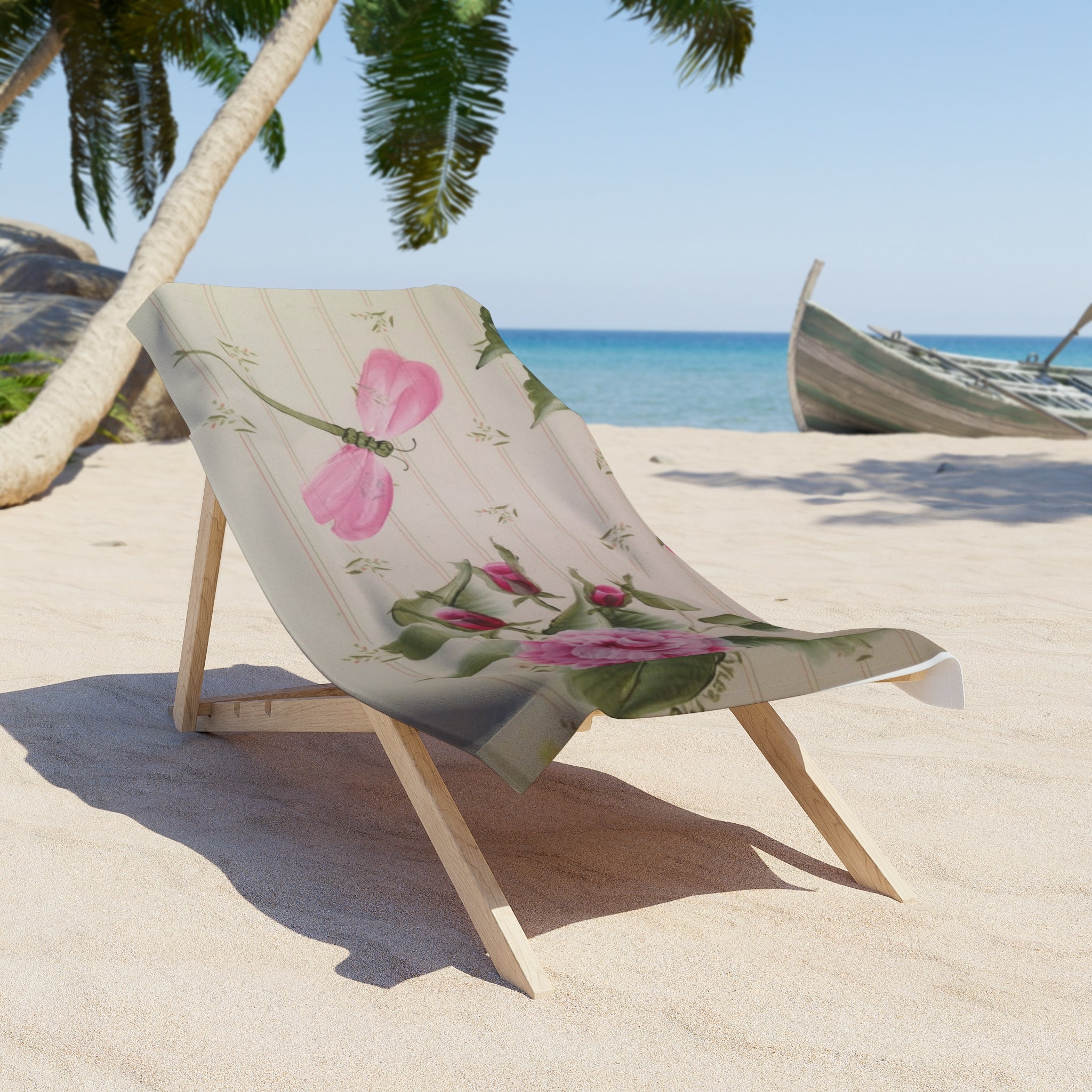 Pink Dragonfly & Rose Beach Towel — Vintage Floral Summer Towel