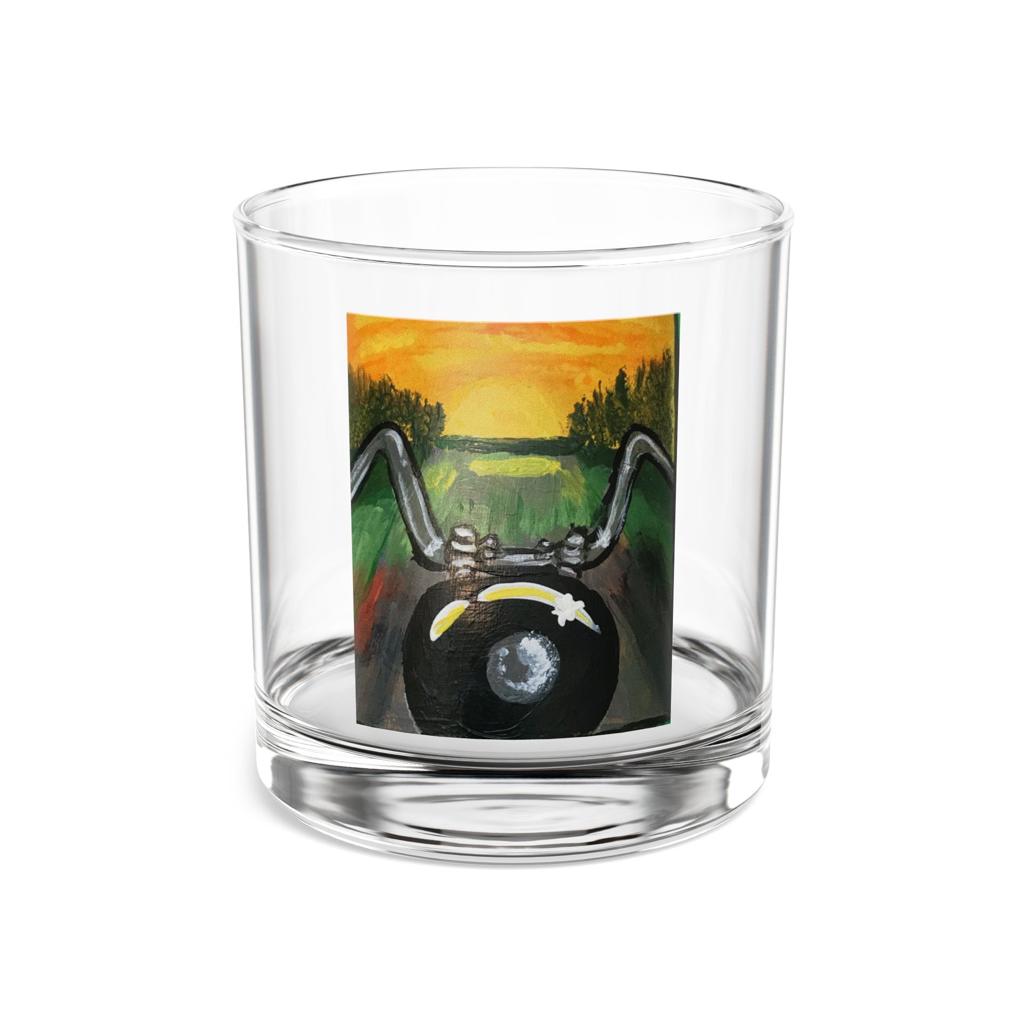 Motorcycle Sunset Rocks Glass — 10oz Whiskey Tumbler with Biker Road Art