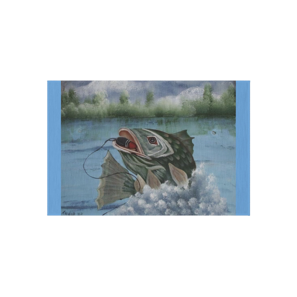 Largemouth Bass Jumping Outdoor Rug | Fishing Lake Scene