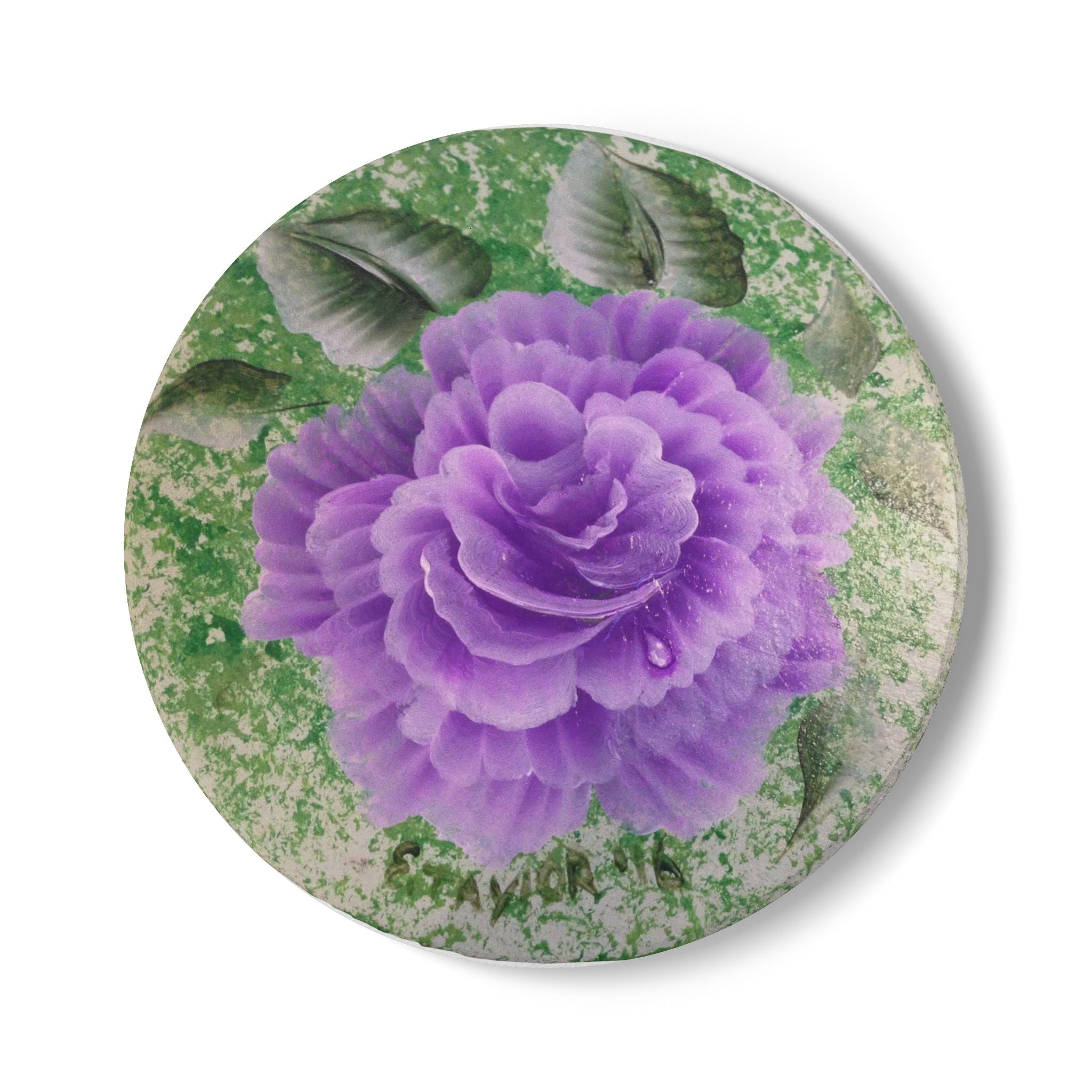 Purple Rose Ceramic Coaster | Floral Drink Coaster, Cork Back