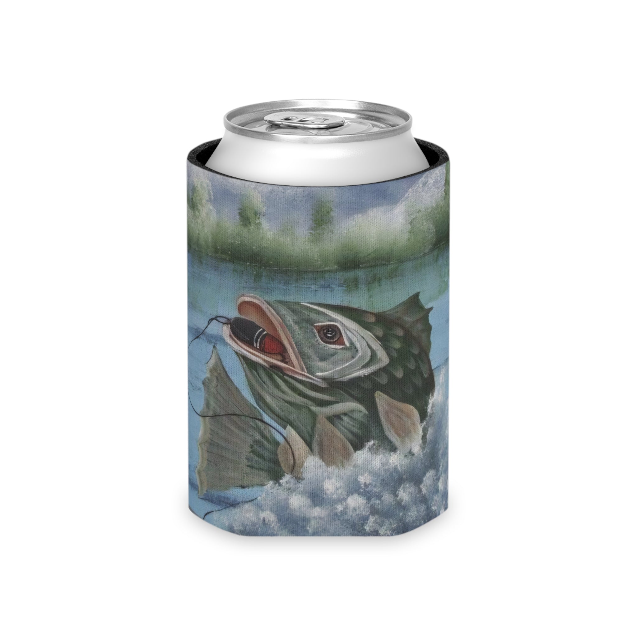 Fishing Largemouth Bass Can Cooler - Insulated Beer Koozie with Angler Art