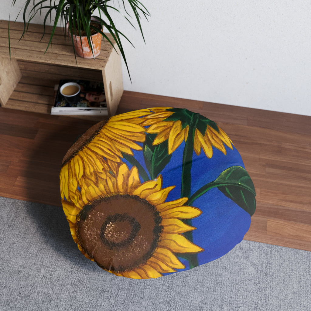 Sunflower Round Tufted Floor Pillow — Bright Blue Floral Accent Cushion