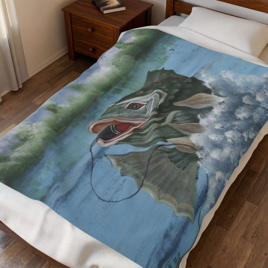 Fish Jumping Trout Velveteen Plush Blanket — Cozy Fishing Cabin Throw