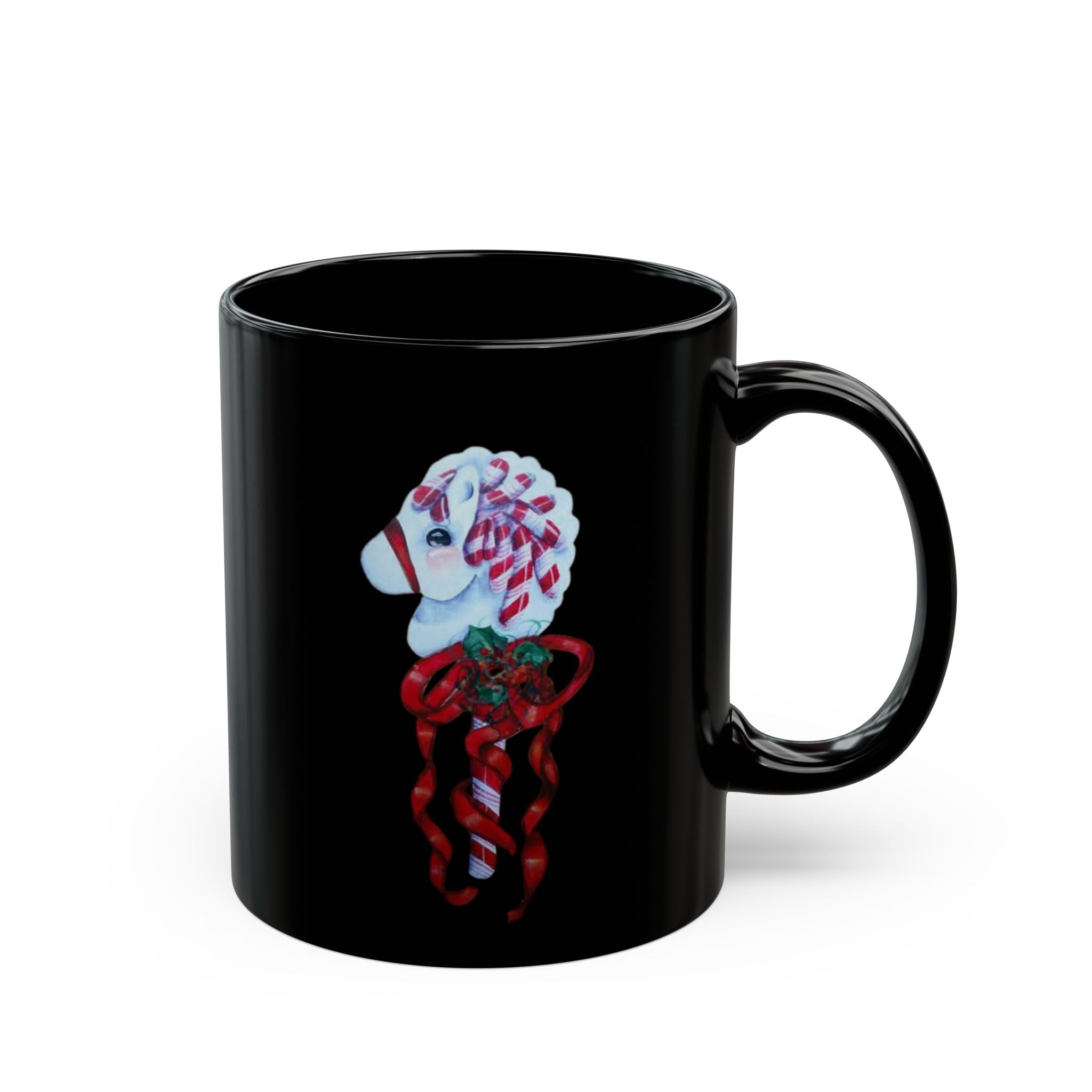 Candy Cane Horse Mug | Black Ceramic Coffee Cup