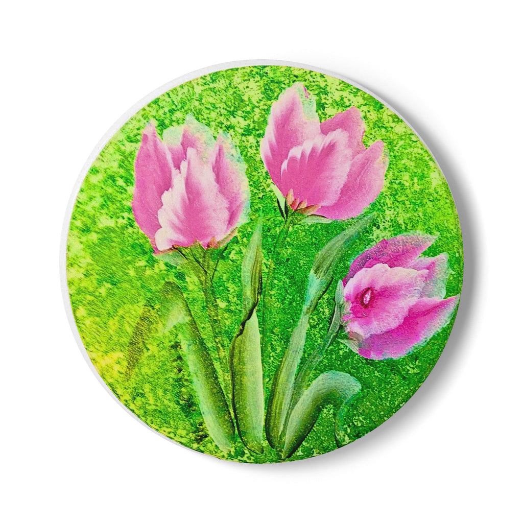 Pink Tulip Floral Ceramic Coaster | Spring Flower Drink Pad