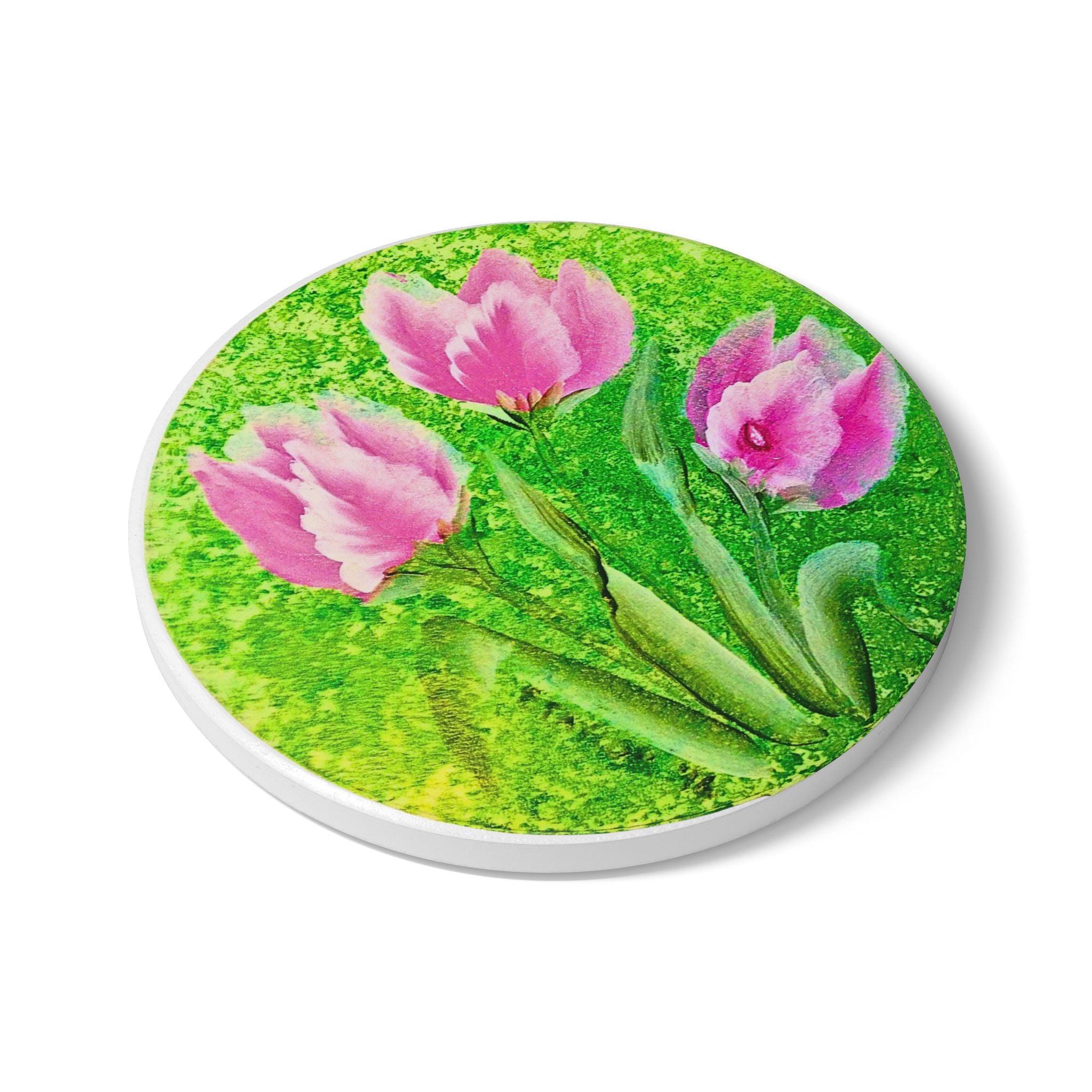 Pink Tulip Floral Ceramic Coaster | Spring Flower Drink Pad
