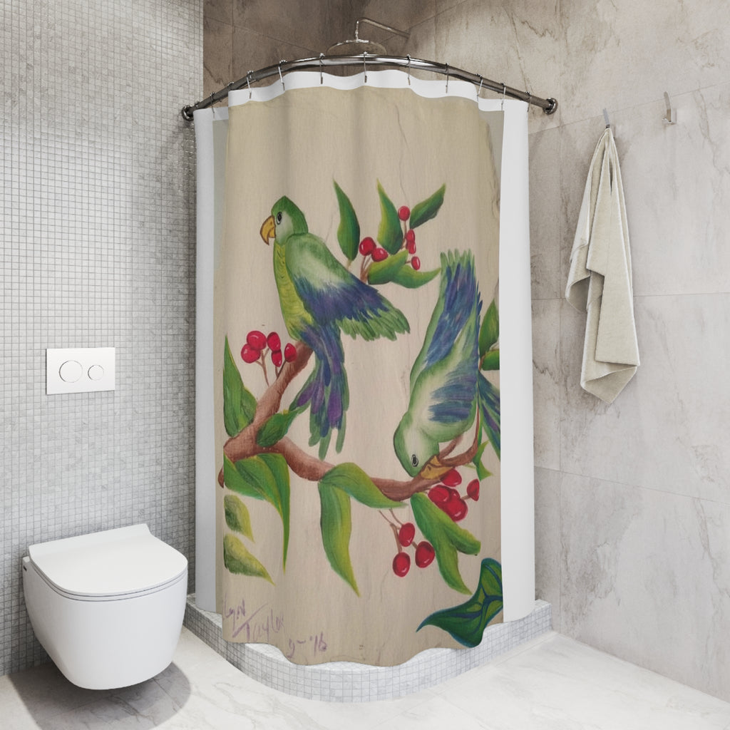 Tropical Parakeet Shower Curtain – Green Birds on Berry Branch Bathroom Decor