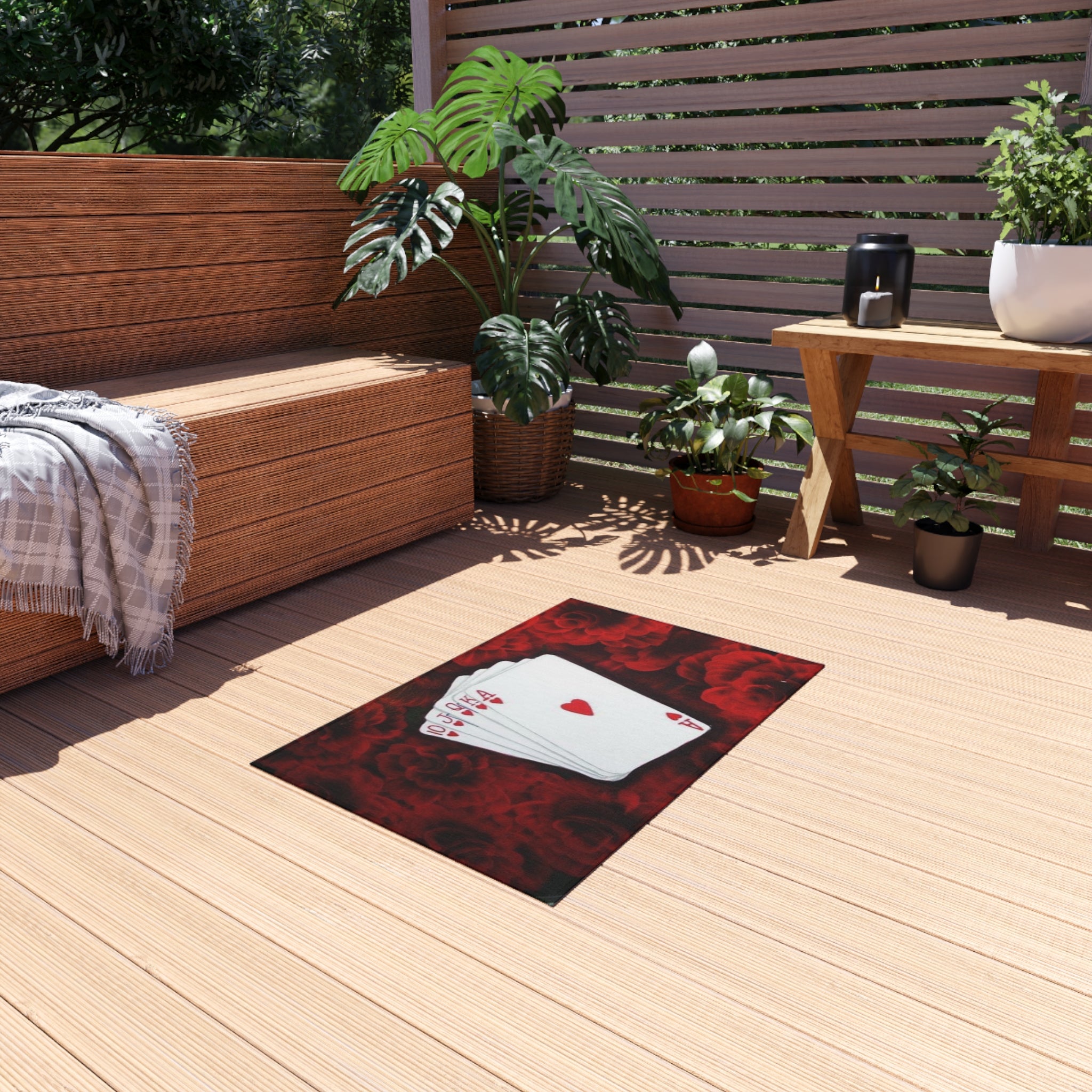 Outdoor Rug – Royal Flush Heart Cards on Red Rose Pattern Patio Rug