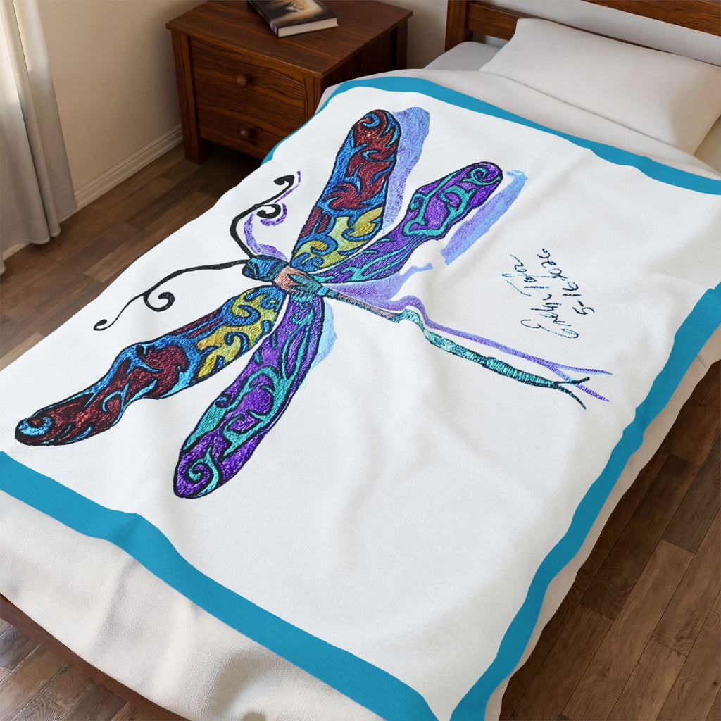 Velveteen Plush Blanket — Colorful Dragonfly Art Throw Blanket