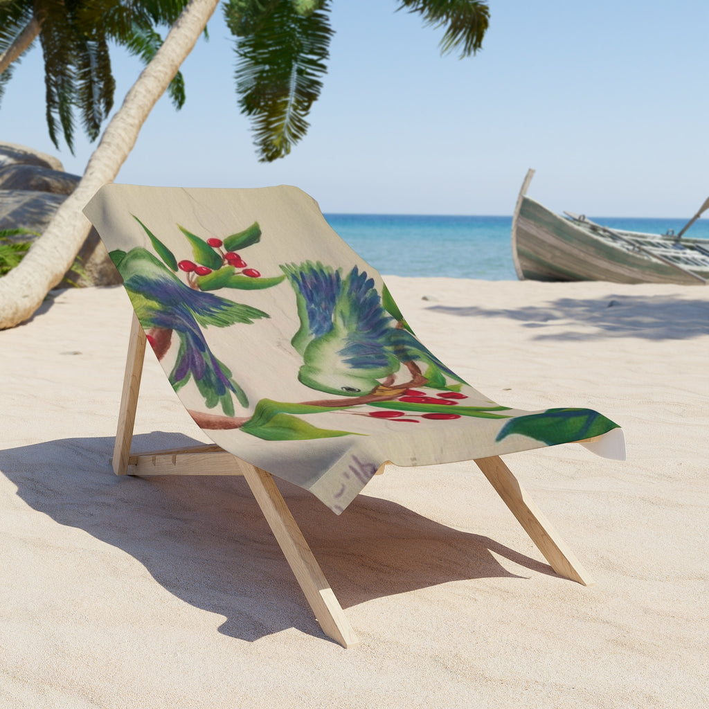 Tropical Parrot Beach Towel – Hand-Painted Birds & Coffee Berry Design