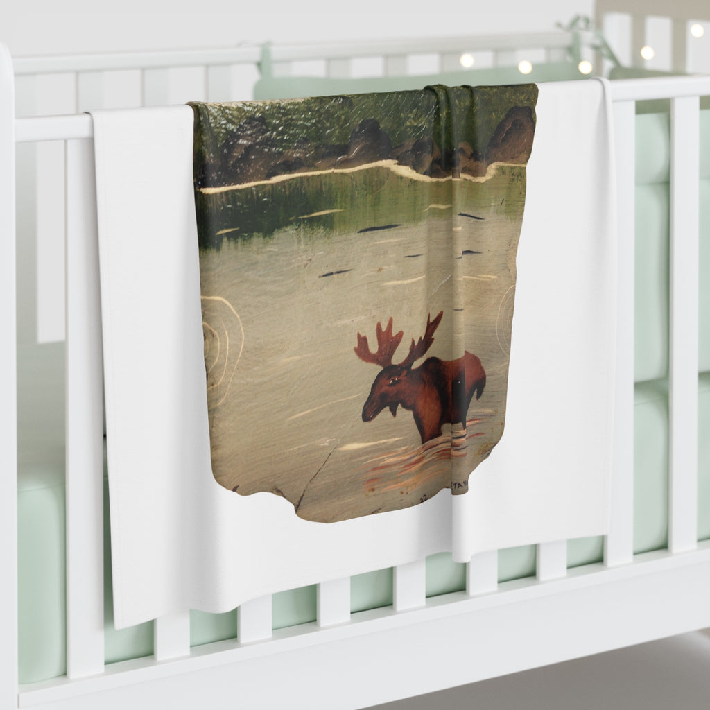 Moose Lake Illustration Baby Swaddle Blanket | Woodland Nursery, Vintage Animal