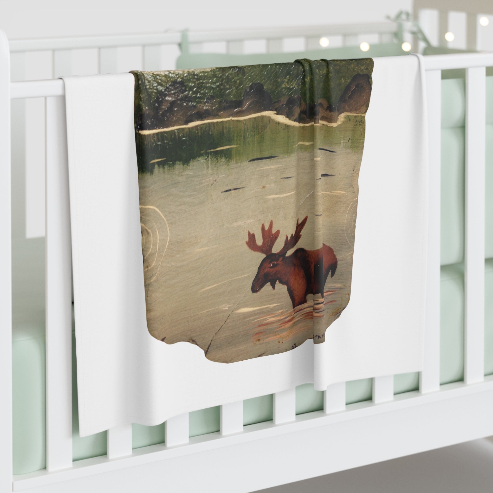 Moose Lake Illustration Baby Swaddle Blanket | Woodland Nursery, Vintage Animal