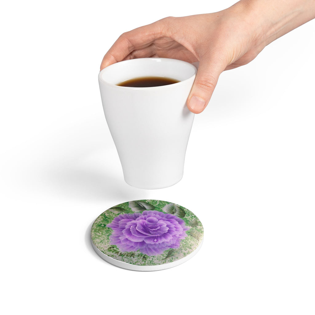 Purple Rose Ceramic Coaster | Floral Drink Coaster, Cork Back