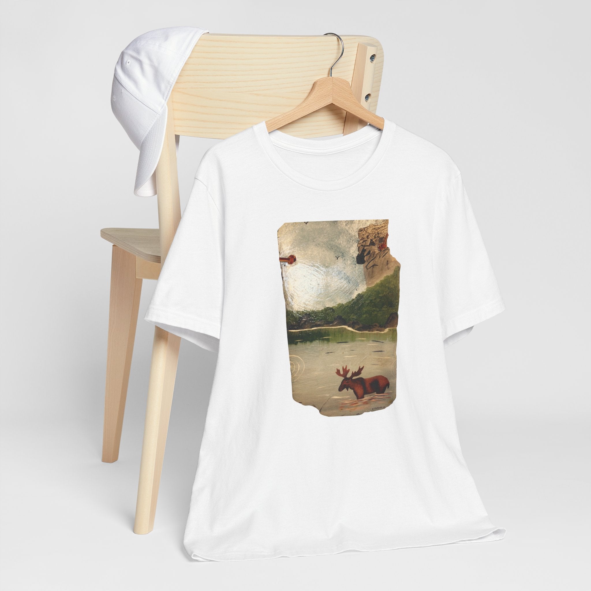 Moose at Lake T-Shirt | Vintage Nature Illustration, Woodland Landscape