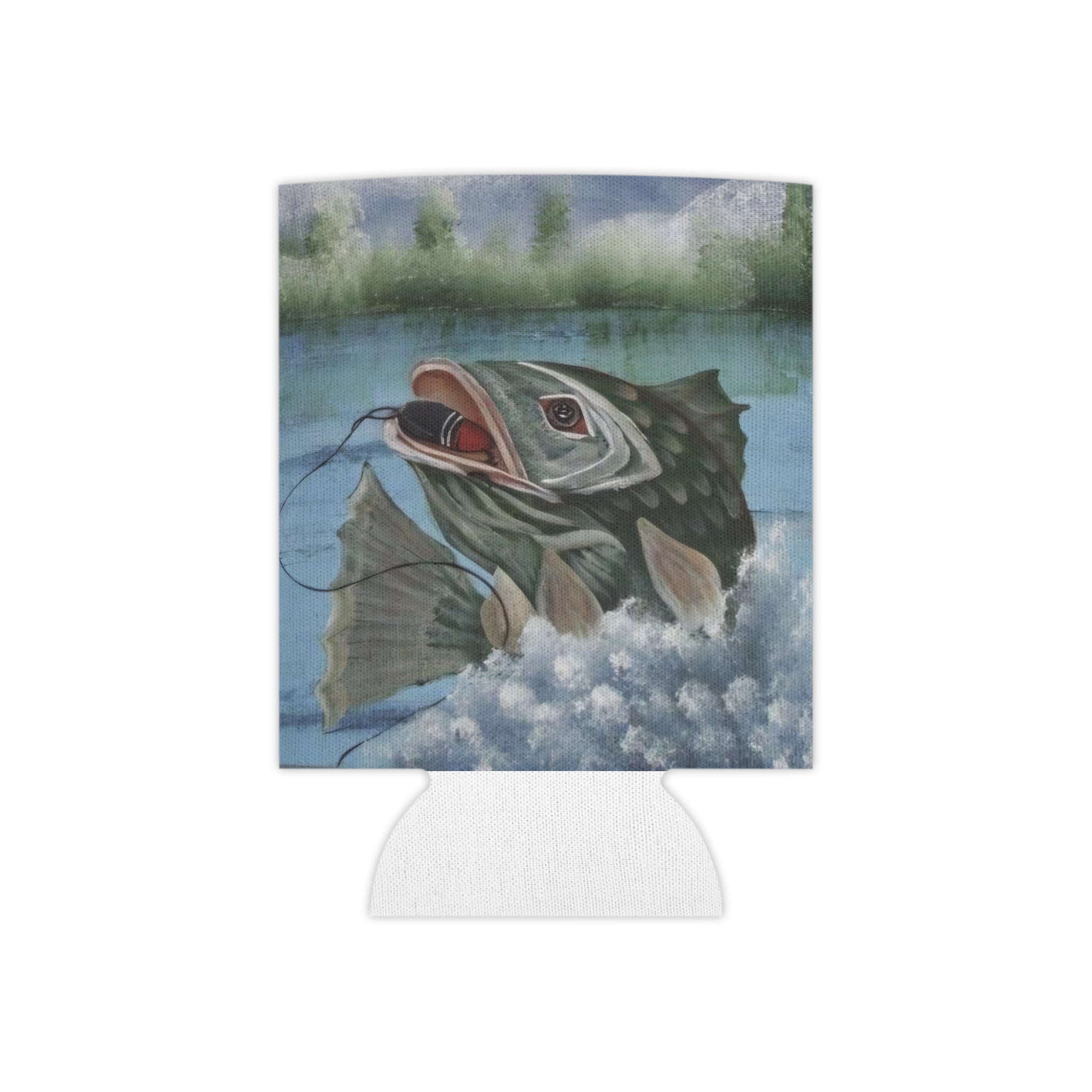 Fishing Largemouth Bass Can Cooler - Insulated Beer Koozie with Angler Art