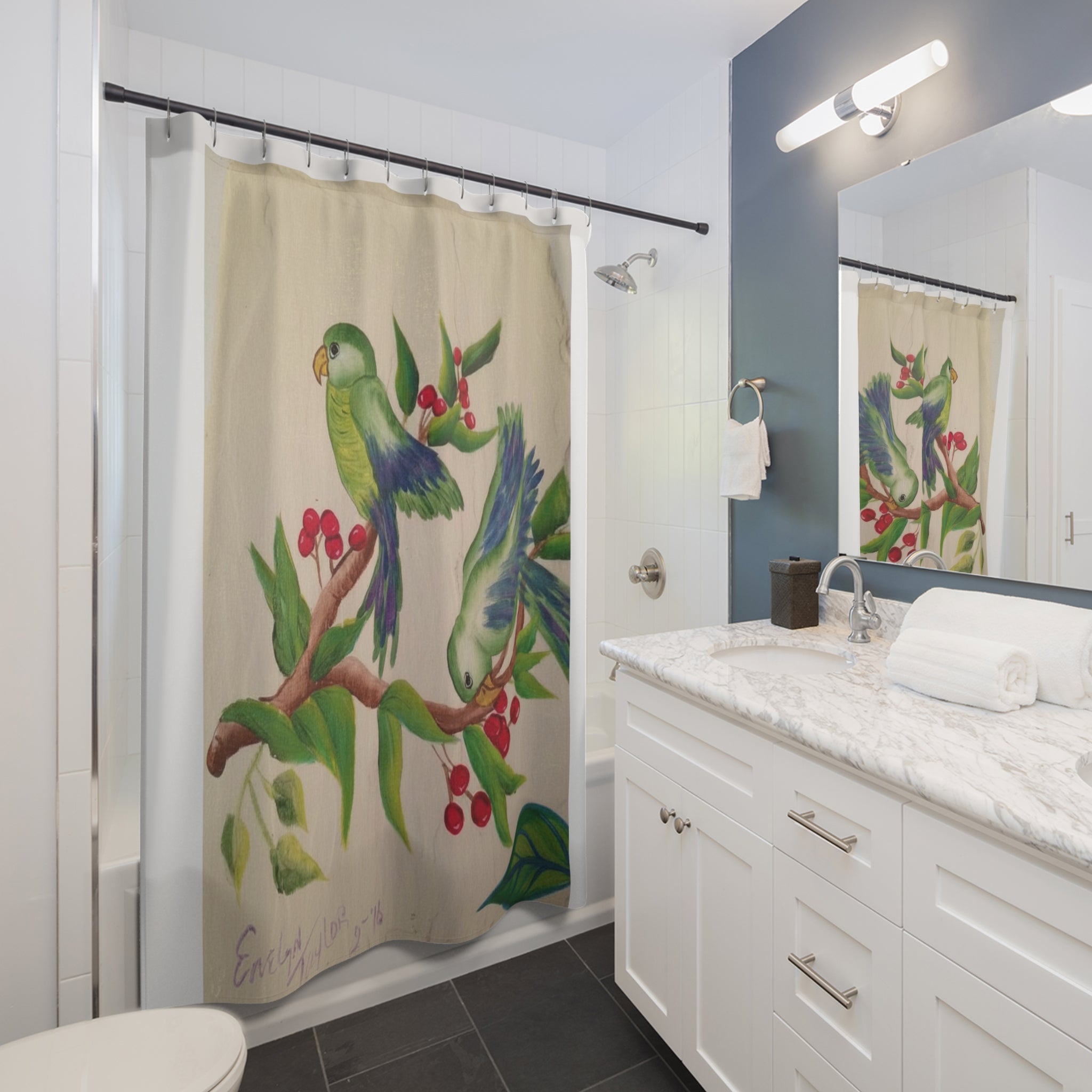 Tropical Parakeet Shower Curtain – Green Birds on Berry Branch Bathroom Decor