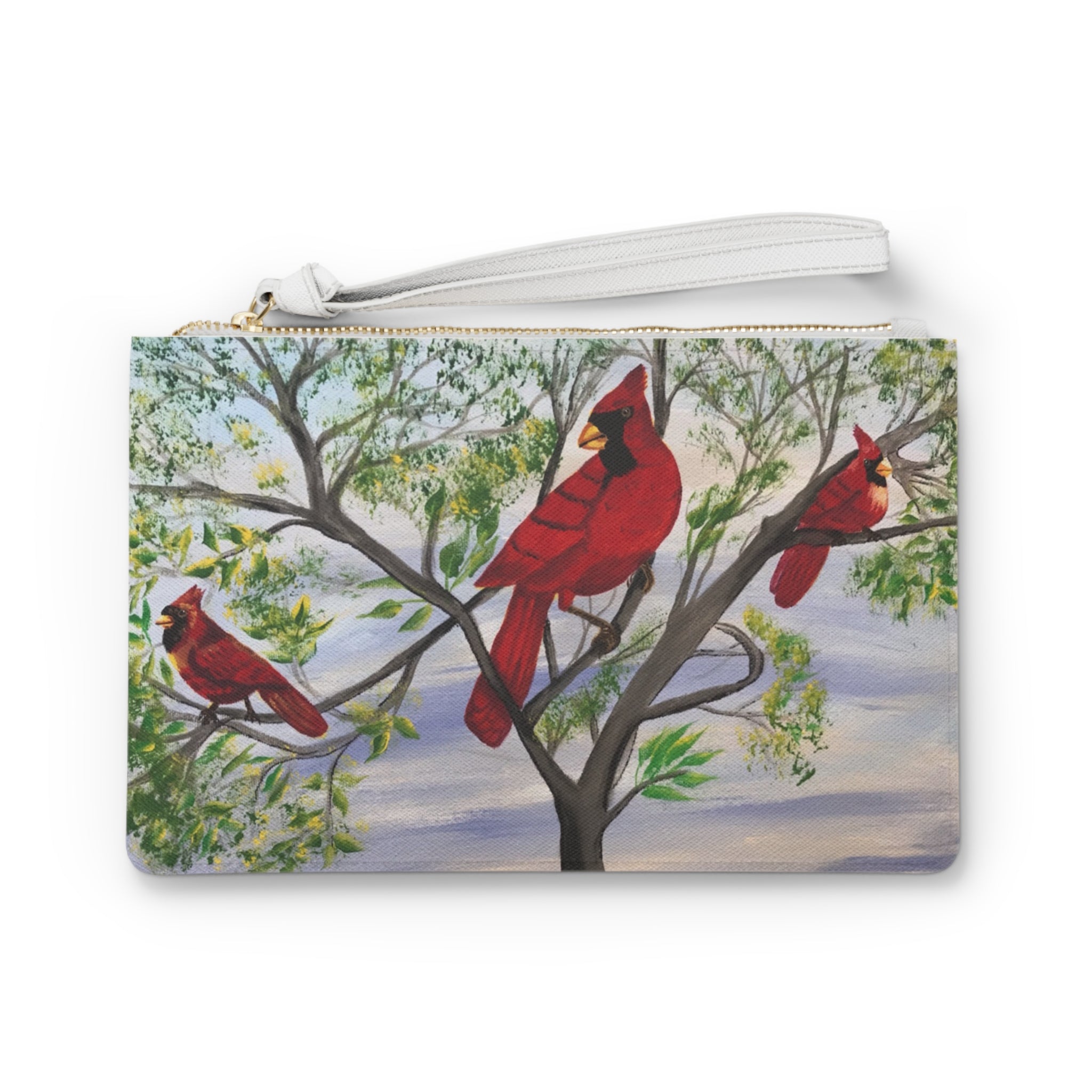 Cardinal Trio Clutch Bag — Painted Red Cardinals on Branch Wristlet