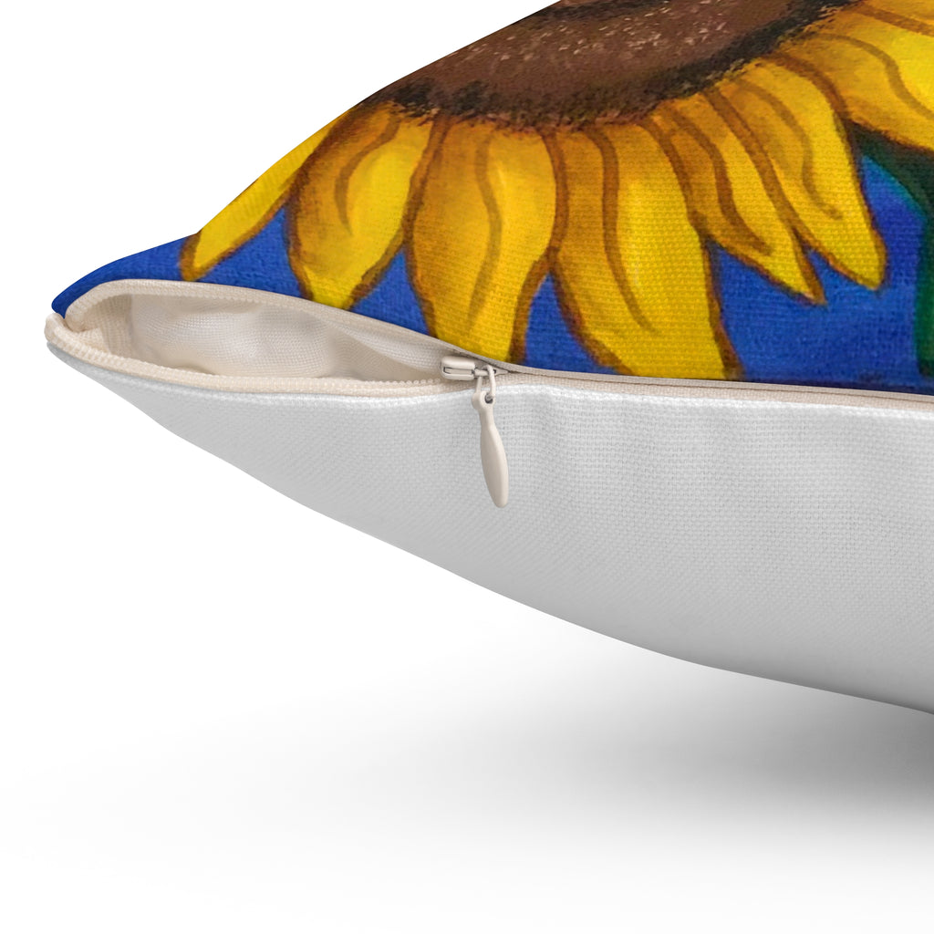 Sunflower Art Square Pillow — Bright Blue Floral Decorative Throw Pillow