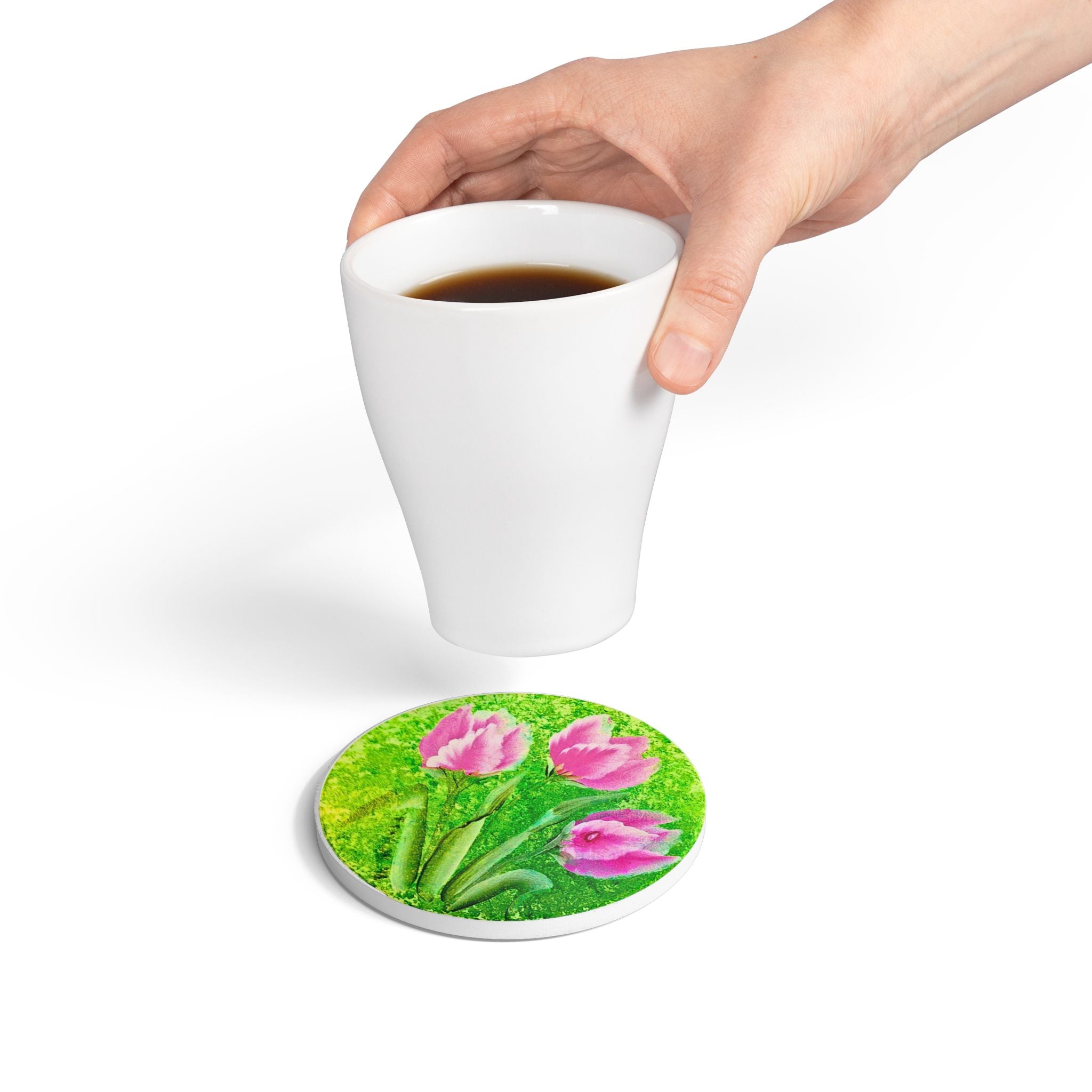 Pink Tulip Floral Ceramic Coaster | Spring Flower Drink Pad
