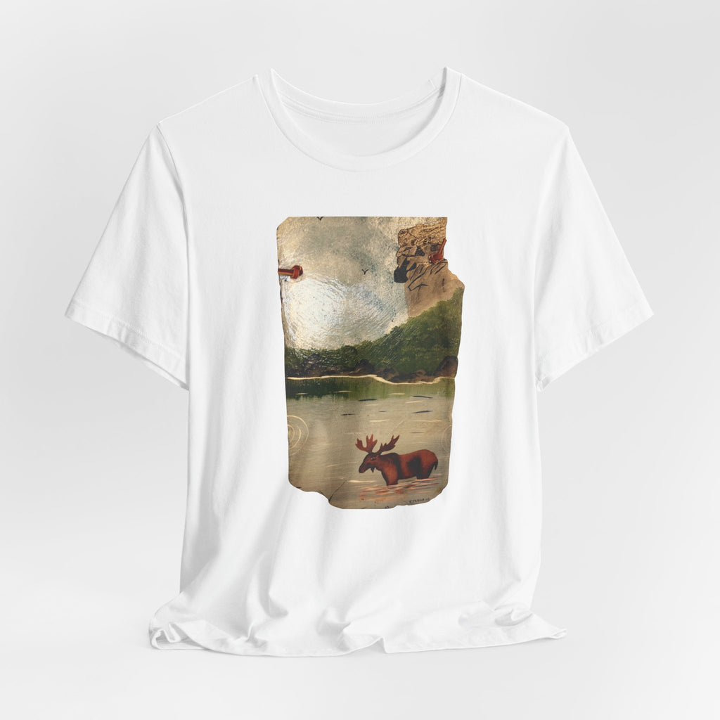 Moose at Lake T-Shirt | Vintage Nature Illustration, Woodland Landscape