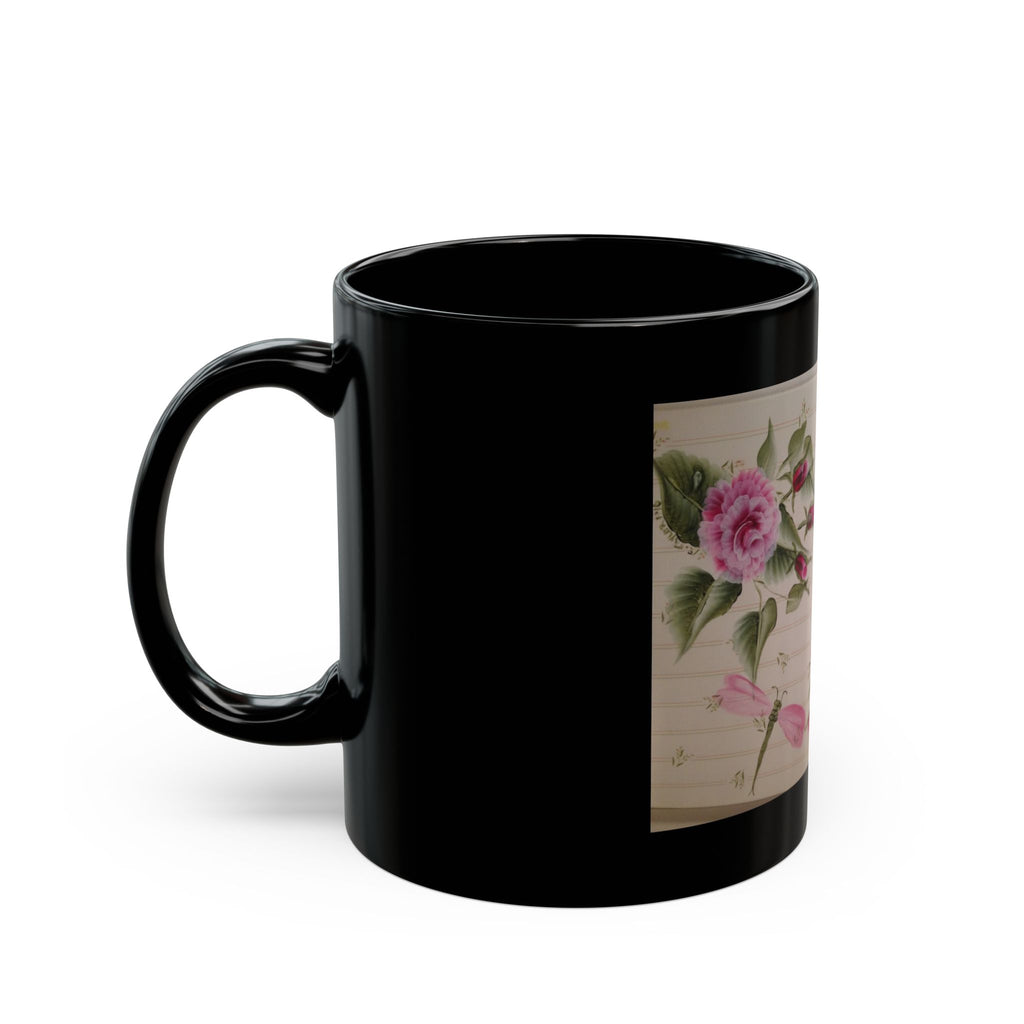 Pink Rose and Dragonfly Illustration Mug | Black Ceramic Coffee Cup