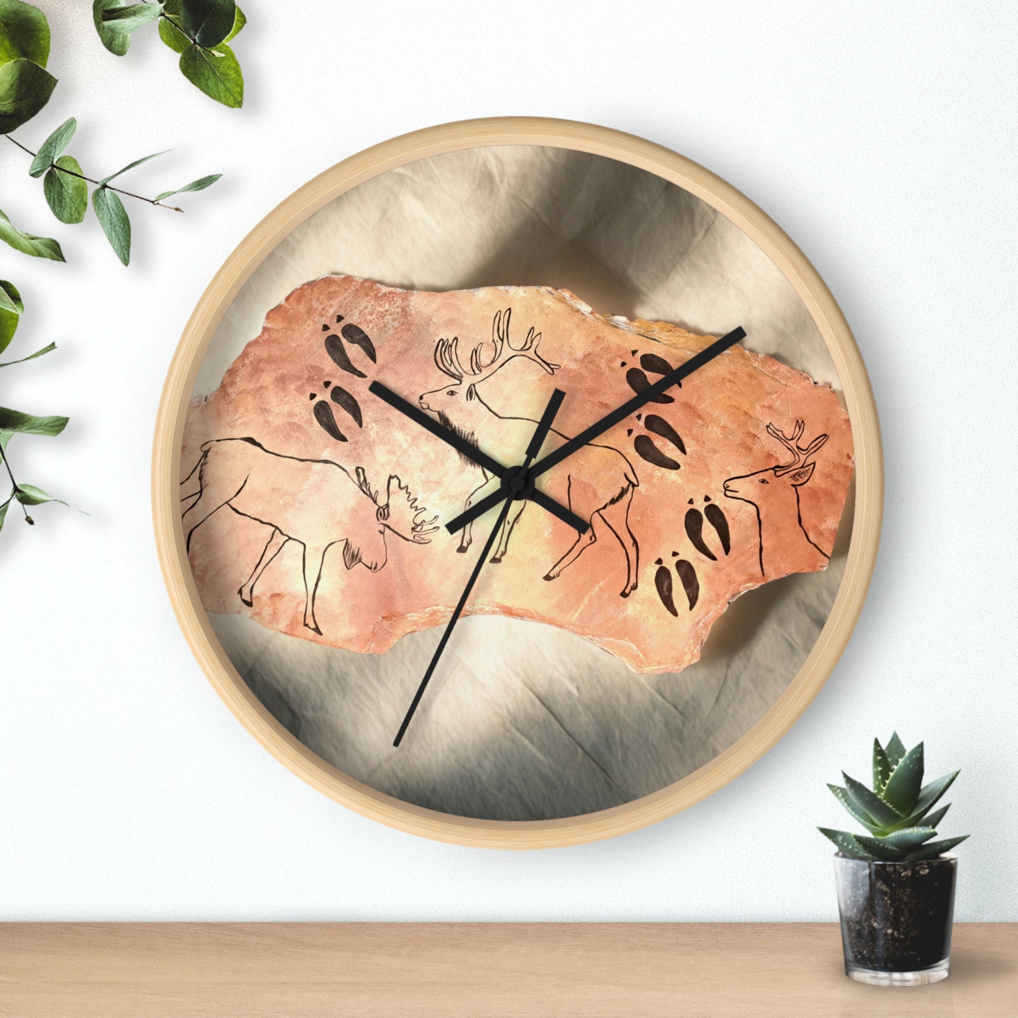 Rustic Deer Petroglyph Wall Clock — Nature-Inspired Cave Art Decor