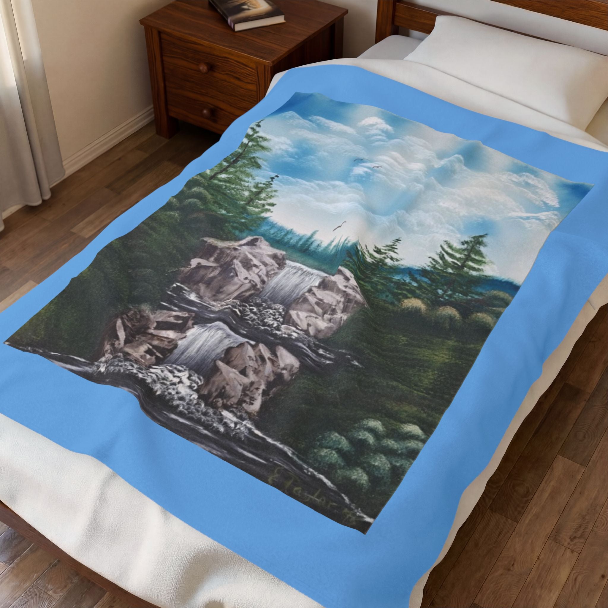 Scenic Waterfall Velveteen Plush Blanket — Cozy Nature Throw for Cabin, Camping & Home