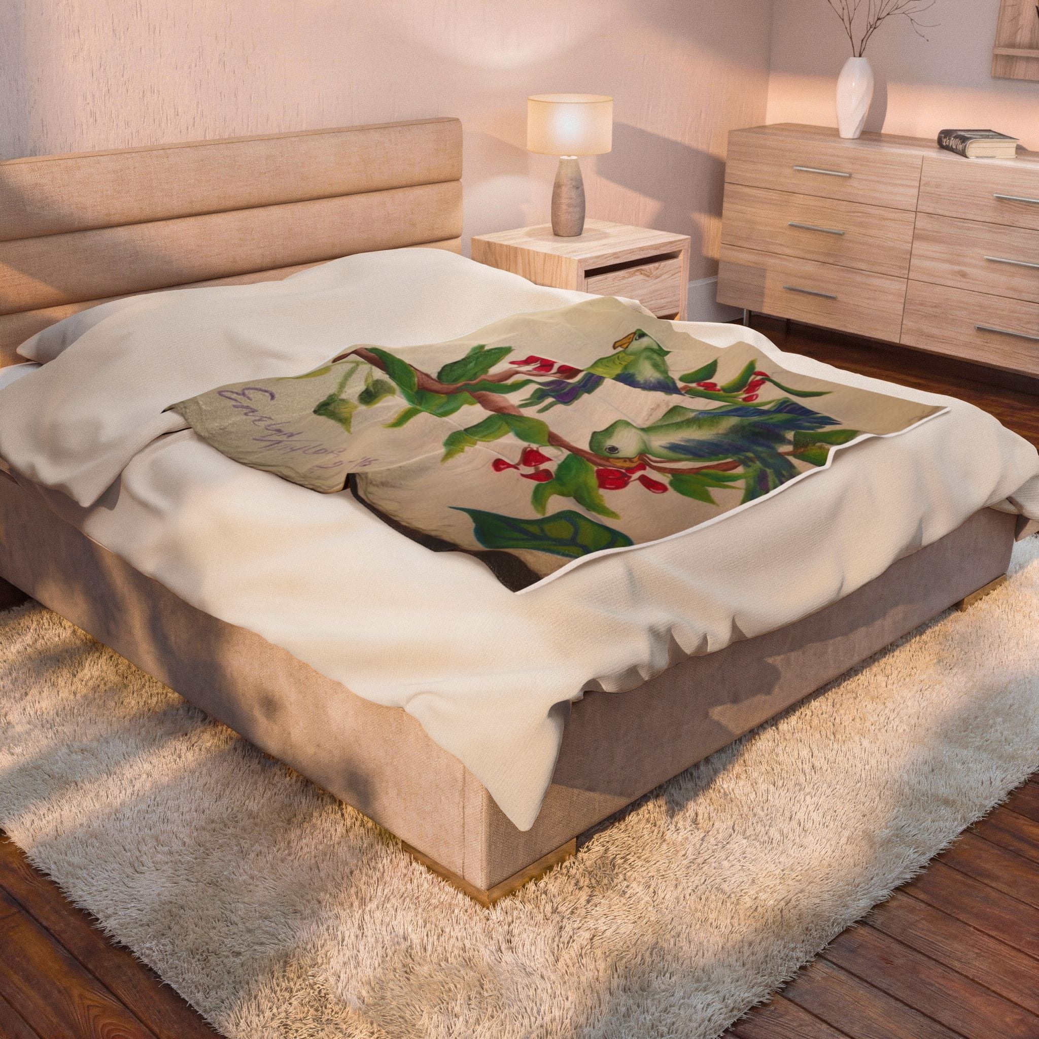 Tropical Parrot Velveteen Plush Blanket – Green Parrot & Cherry Branch Throw