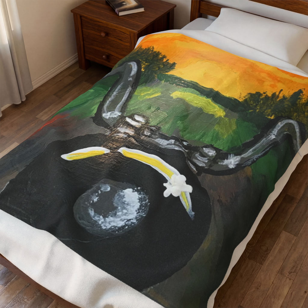 Sunset Ride Velveteen Plush Blanket – Motorcycle Handlebars Scenic Throw