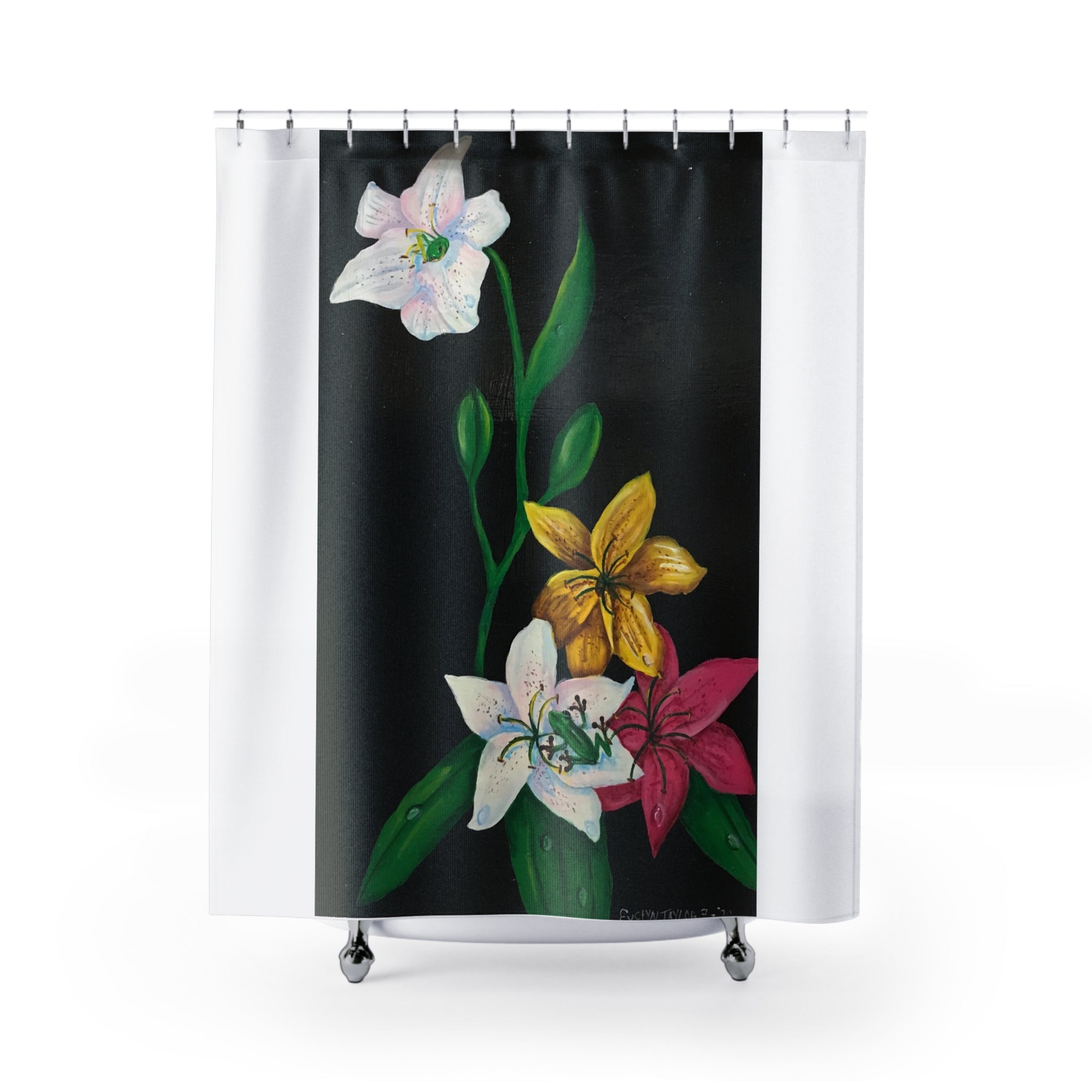 Two Tree Toads & Four Lily Blooms — Floral Art Shower Curtain
