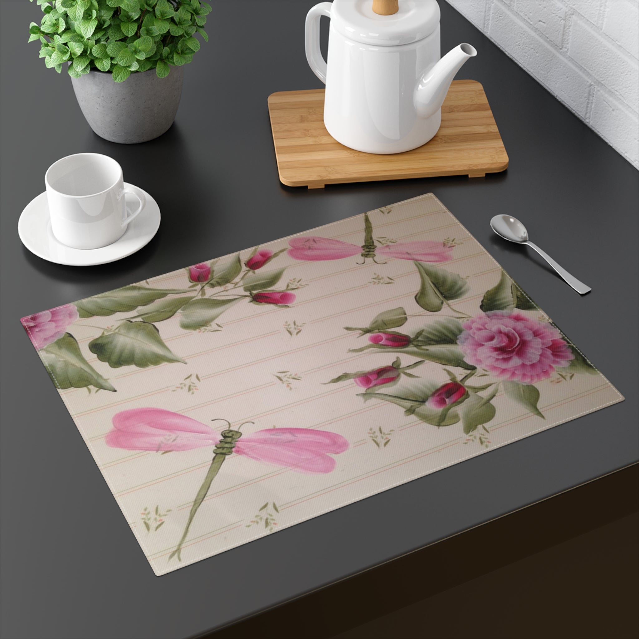 Pink Dragonfly Floral Placemat — Vintage Rose Table Mat