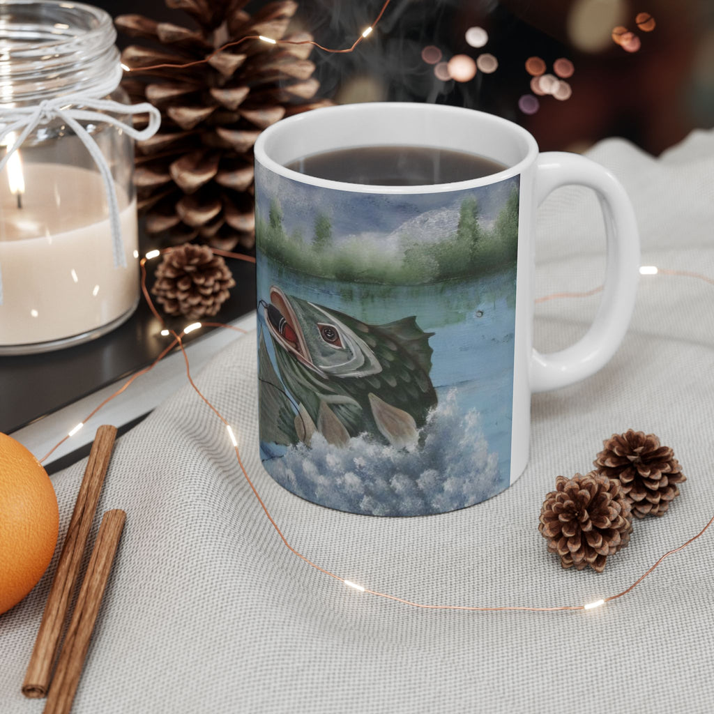 Fishing Bass Ceramic Mug – Watercolor Largemouth Fish Coffee Cup (11oz & 15oz)