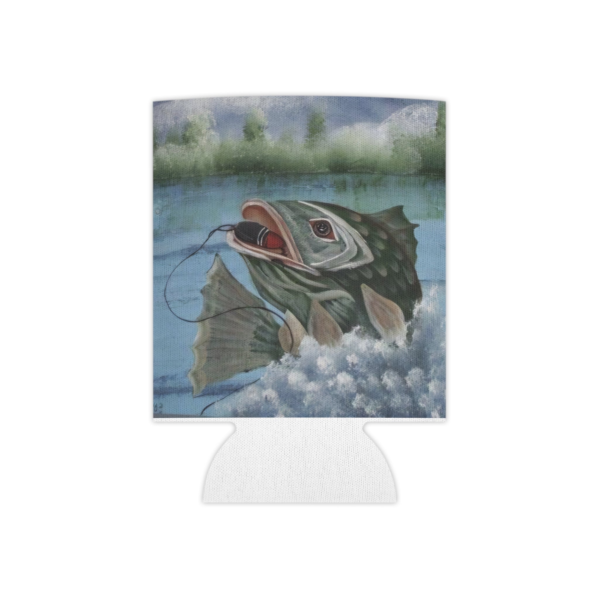 Fishing Largemouth Bass Can Cooler - Insulated Beer Koozie with Angler Art