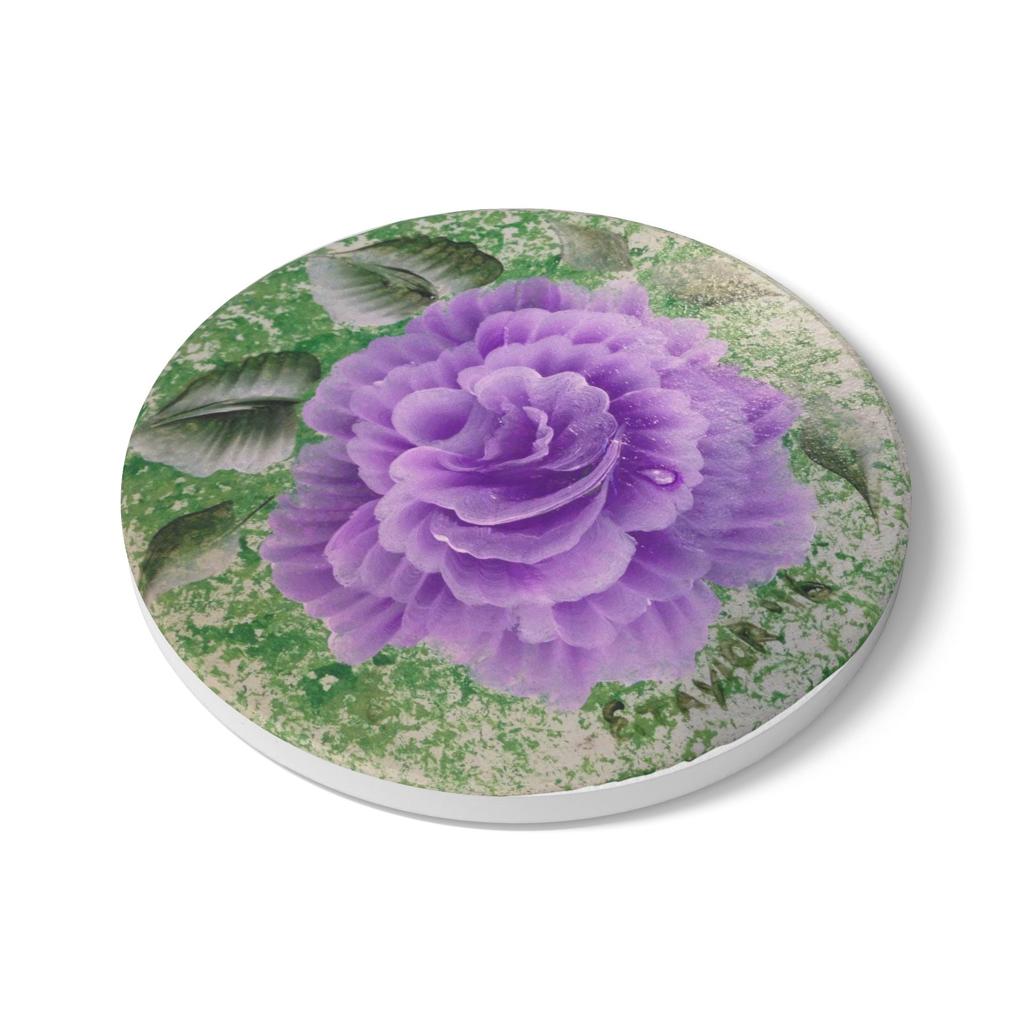 Purple Rose Ceramic Coaster | Floral Drink Coaster, Cork Back