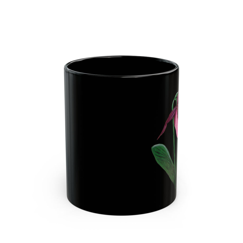 Pink Lady's Slipper Orchid Mug | Black Ceramic Coffee Cup