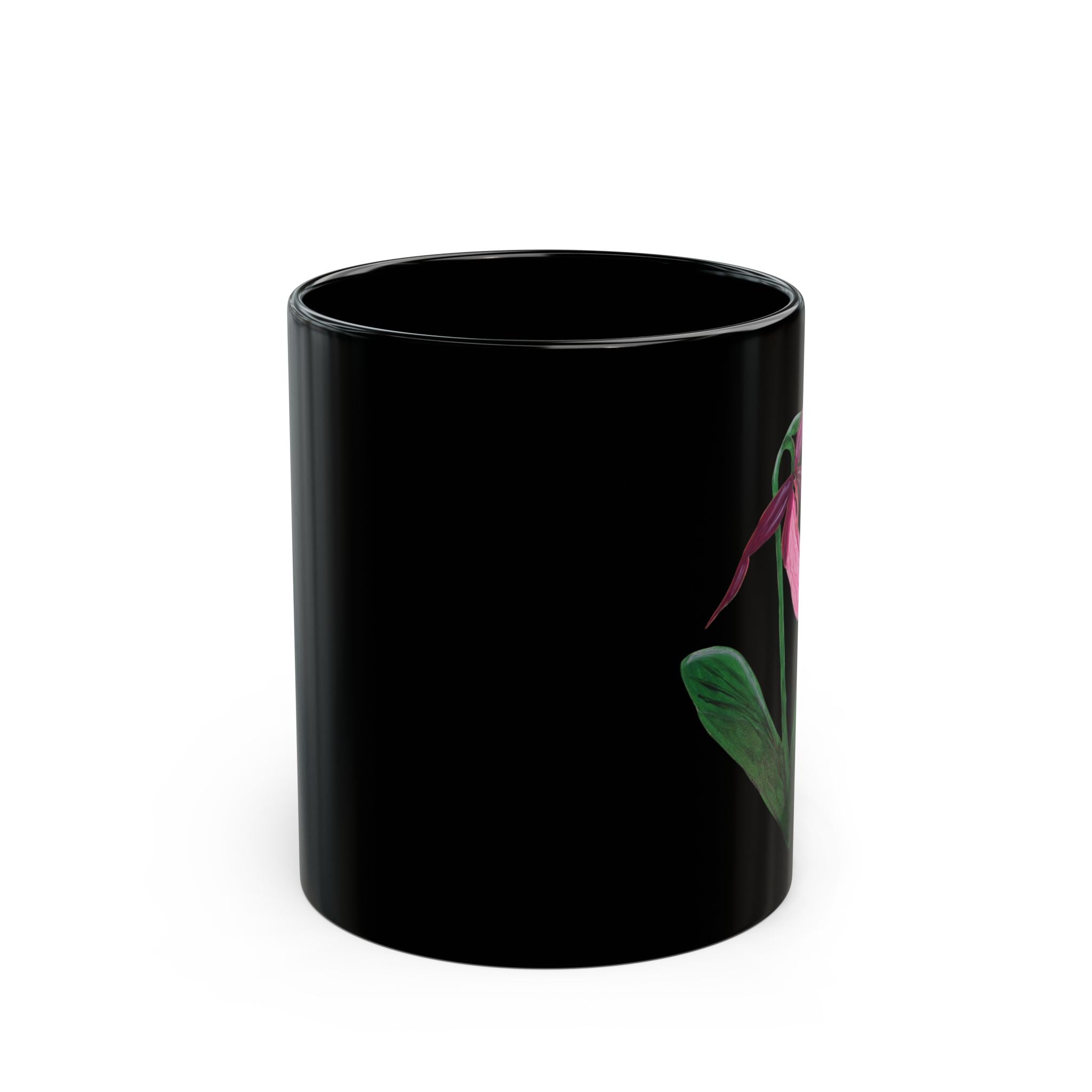 Pink Lady's Slipper Orchid Mug | Black Ceramic Coffee Cup