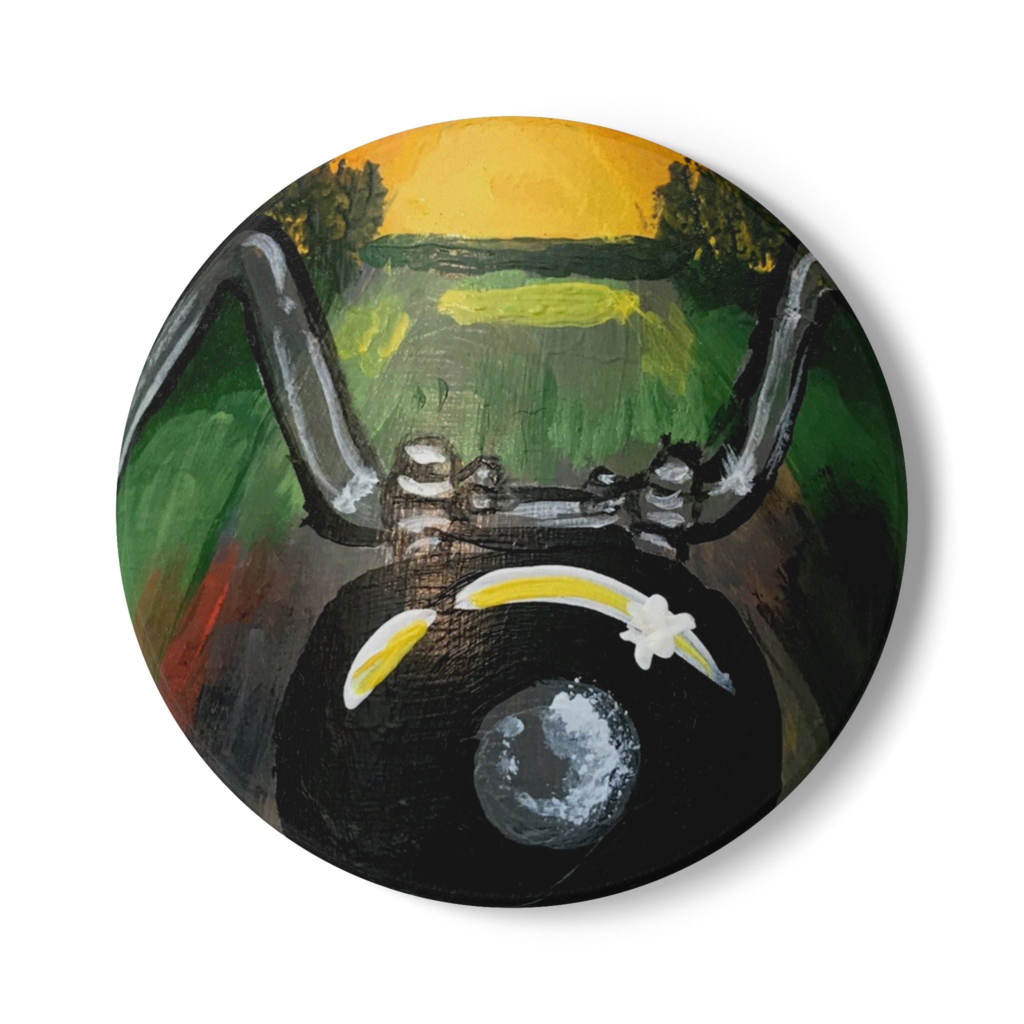 Motorcycle Ride Ceramic Coaster — Vintage Bike Handlebar Artwork