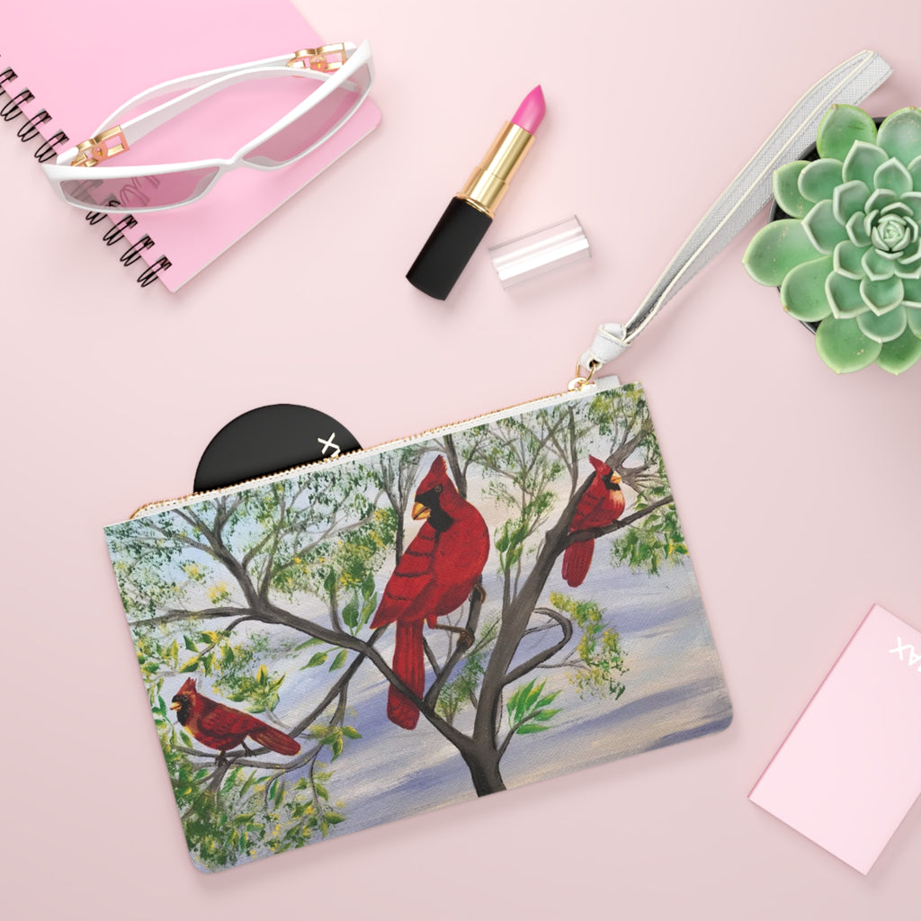 Cardinal Trio Clutch Bag — Painted Red Cardinals on Branch Wristlet