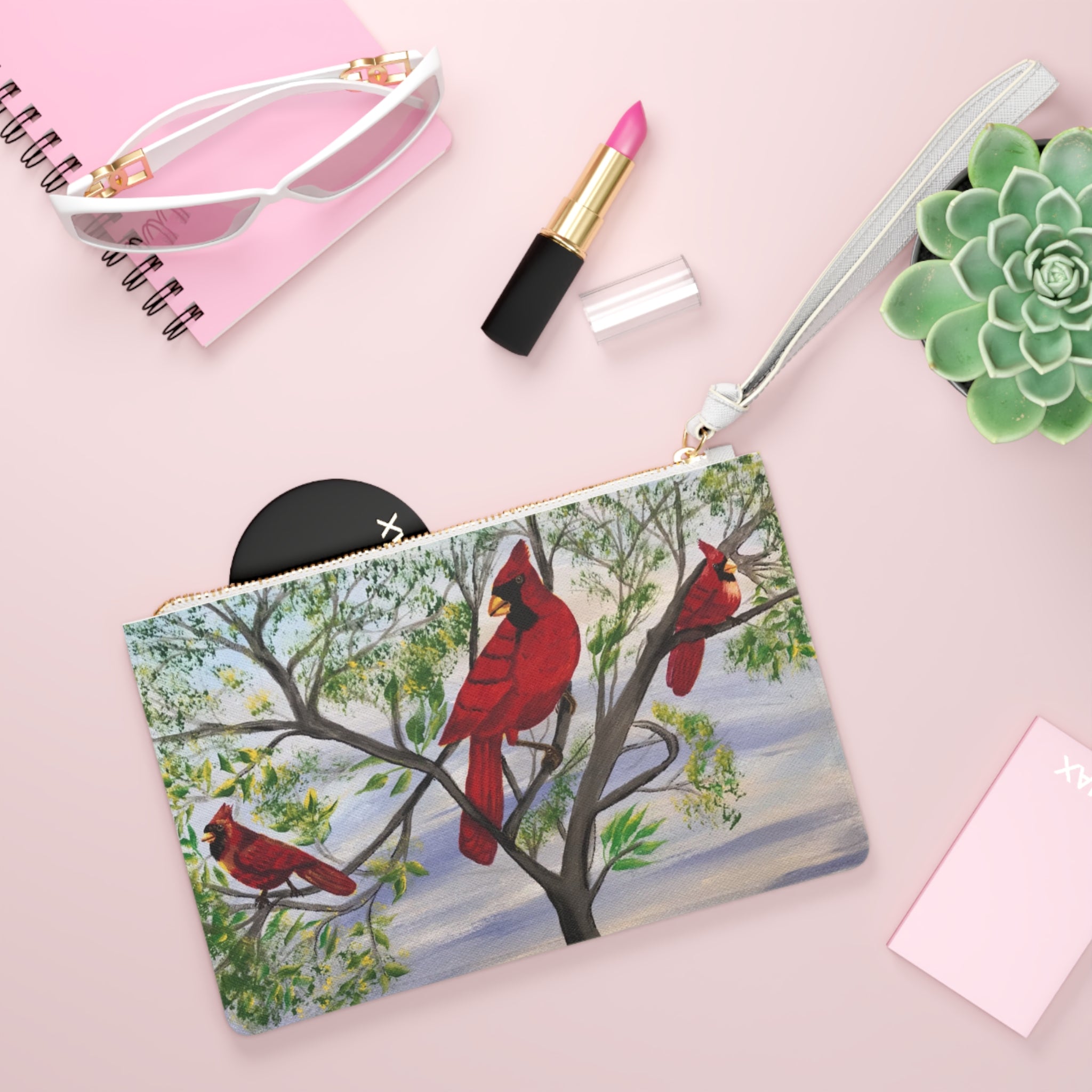 Cardinal Trio Clutch Bag — Painted Red Cardinals on Branch Wristlet