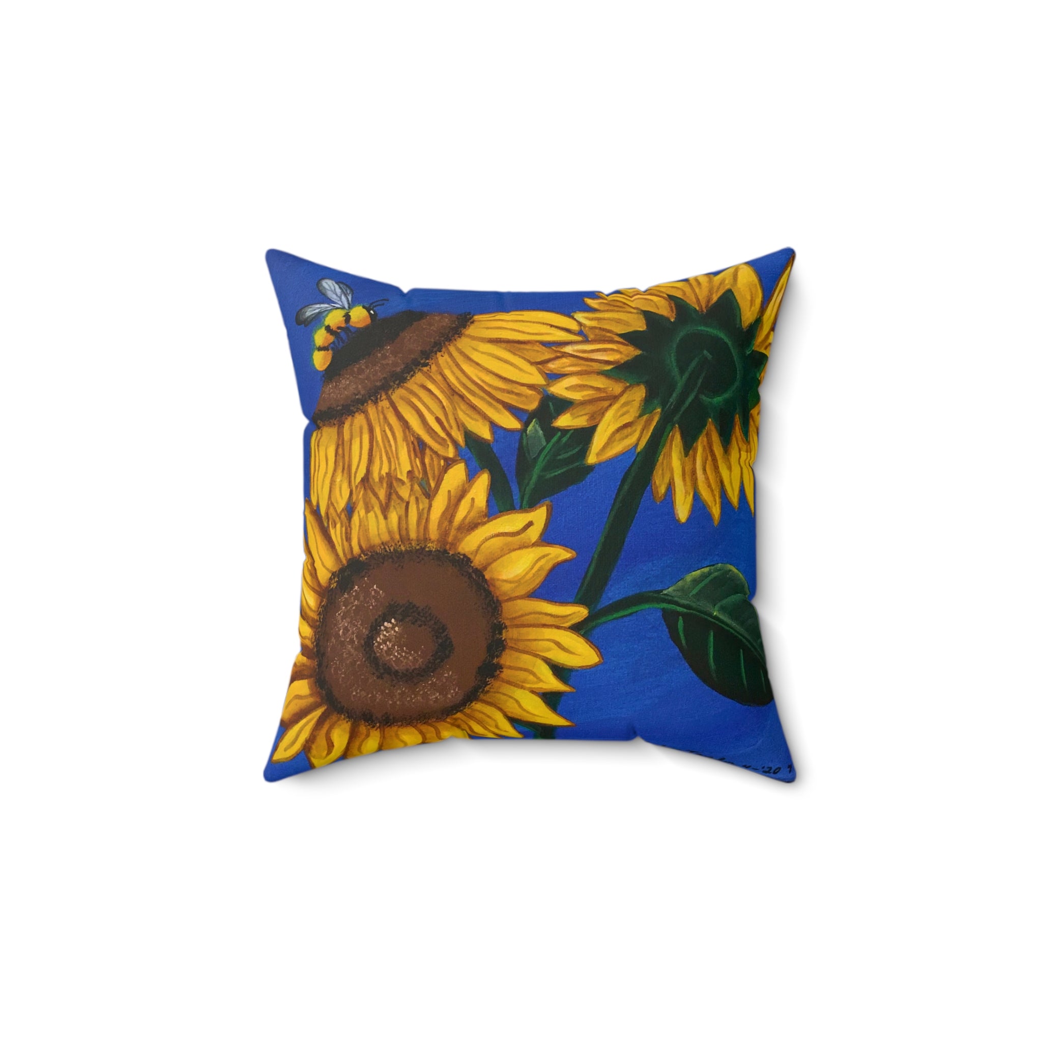 Sunflower Art Square Pillow — Bright Blue Floral Decorative Throw Pillow