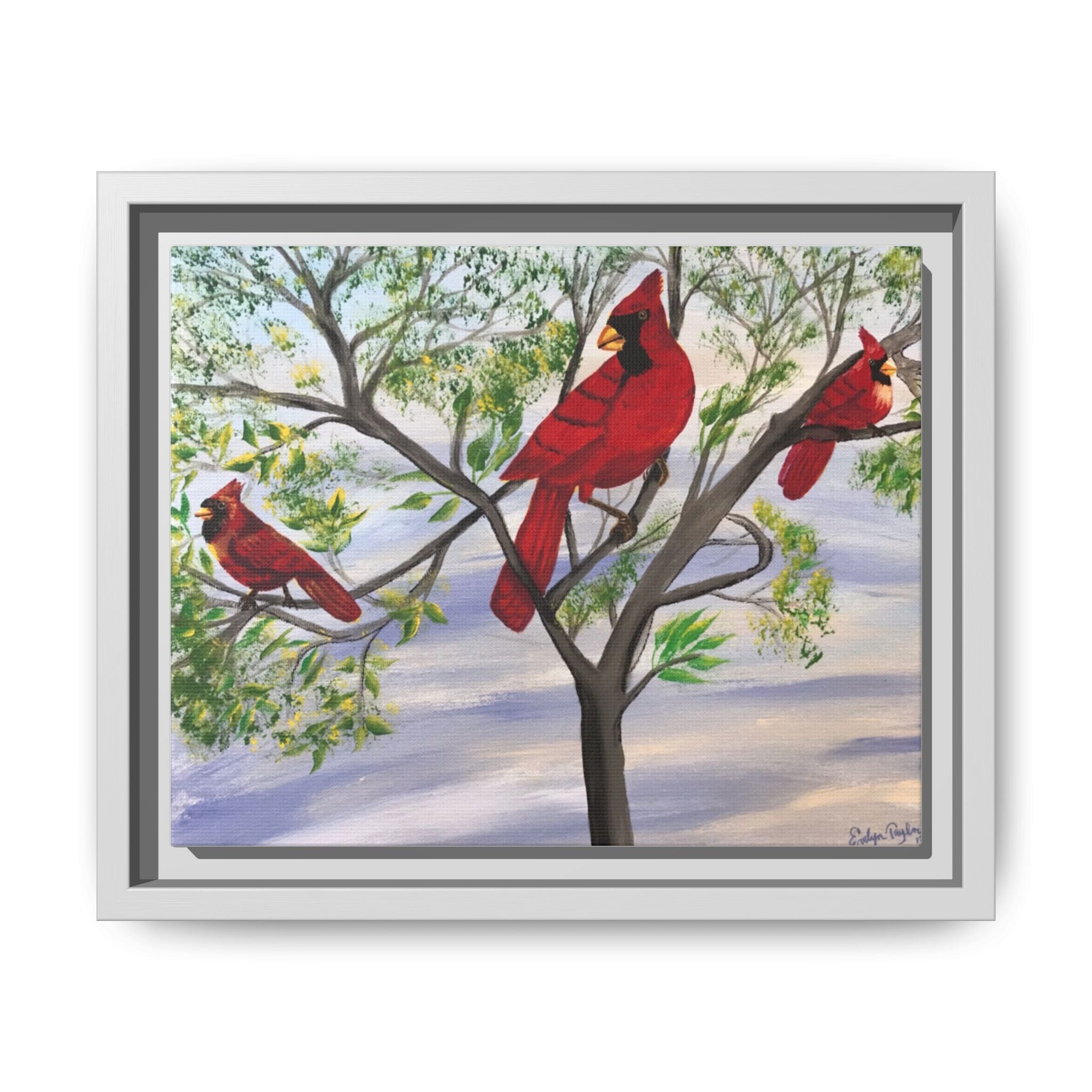 Framed Cardinal Canvas Print — Red Cardinals on Branches Wall Art