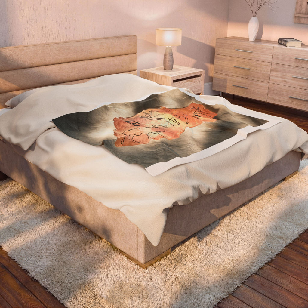 Cave Painting Velveteen Plush Blanket — Prehistoric Rock Art Design