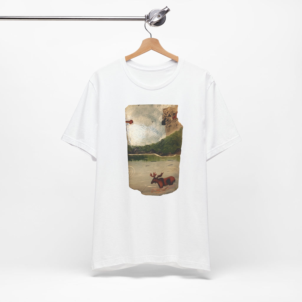 Moose at Lake T-Shirt | Vintage Nature Illustration, Woodland Landscape