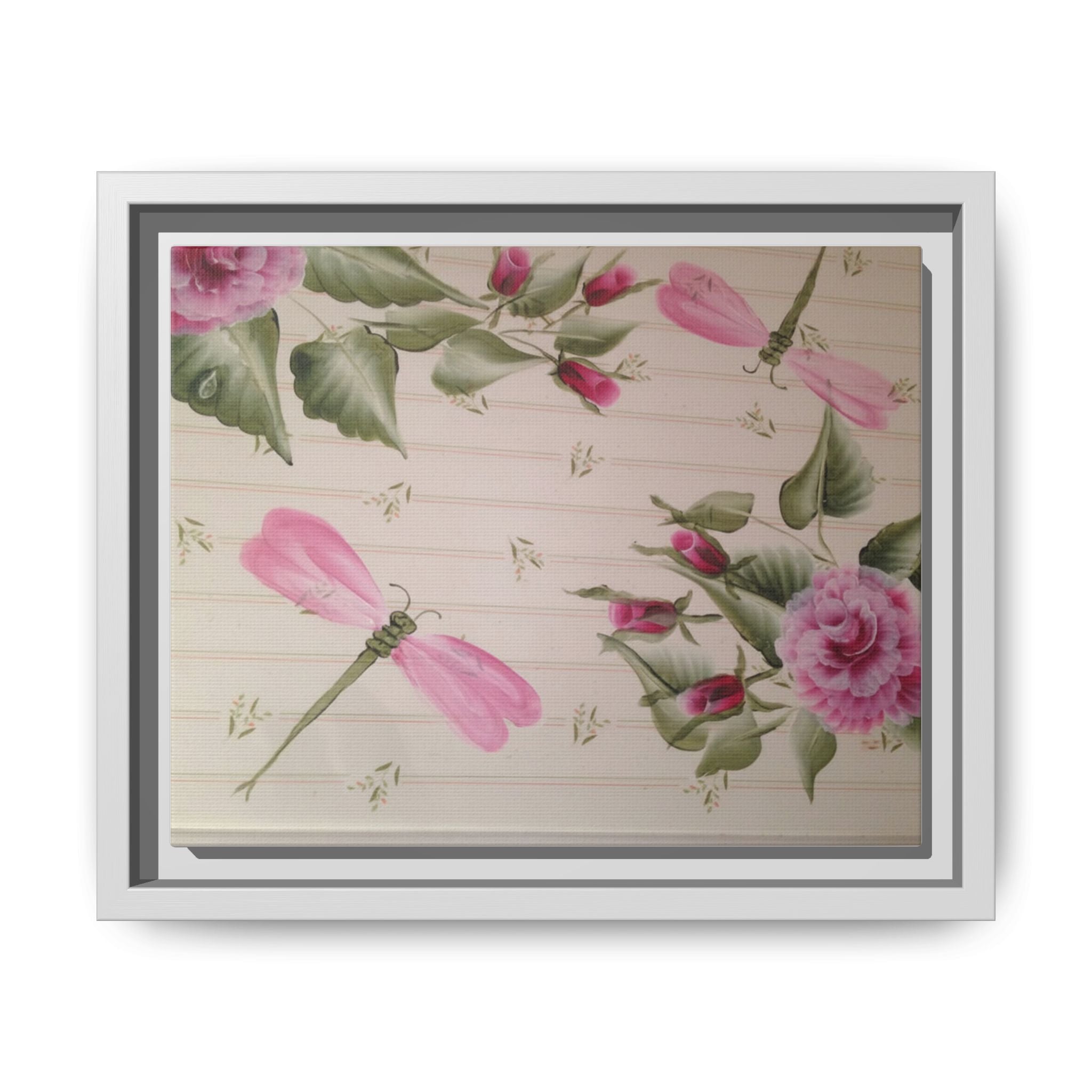 Pink Dragonfly Floral Framed Canvas Print