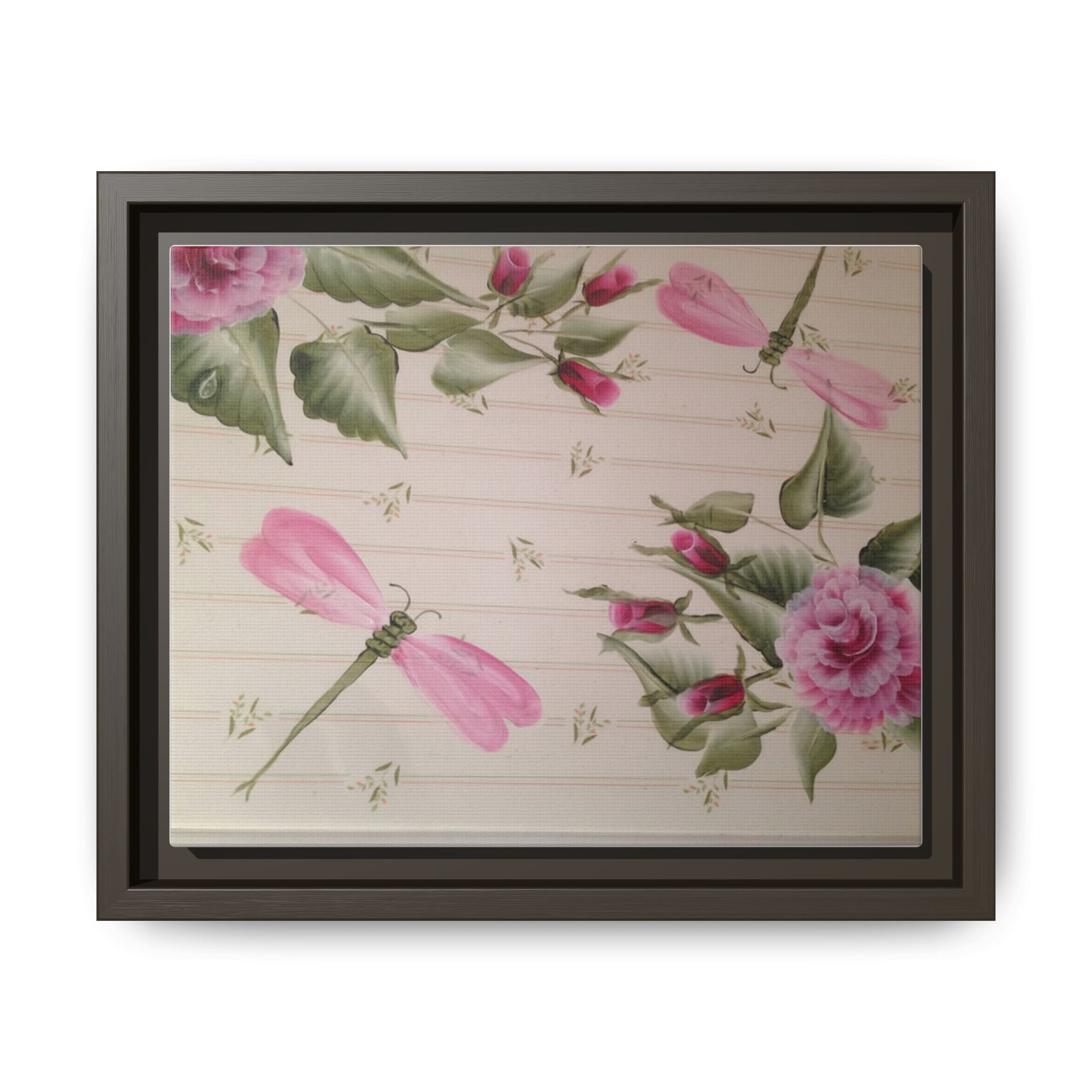 Pink Dragonfly Floral Framed Canvas Print