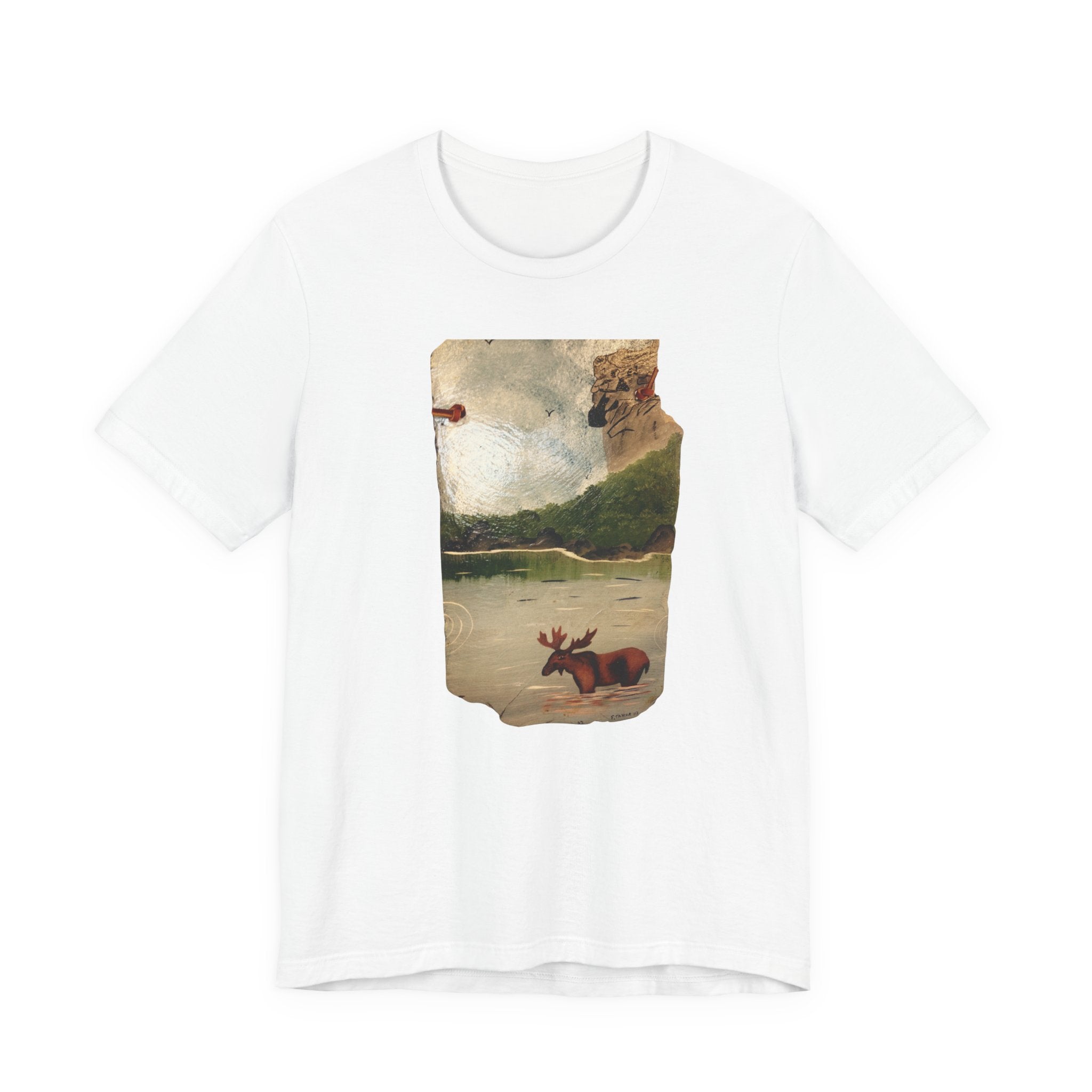 Moose at Lake T-Shirt | Vintage Nature Illustration, Woodland Landscape